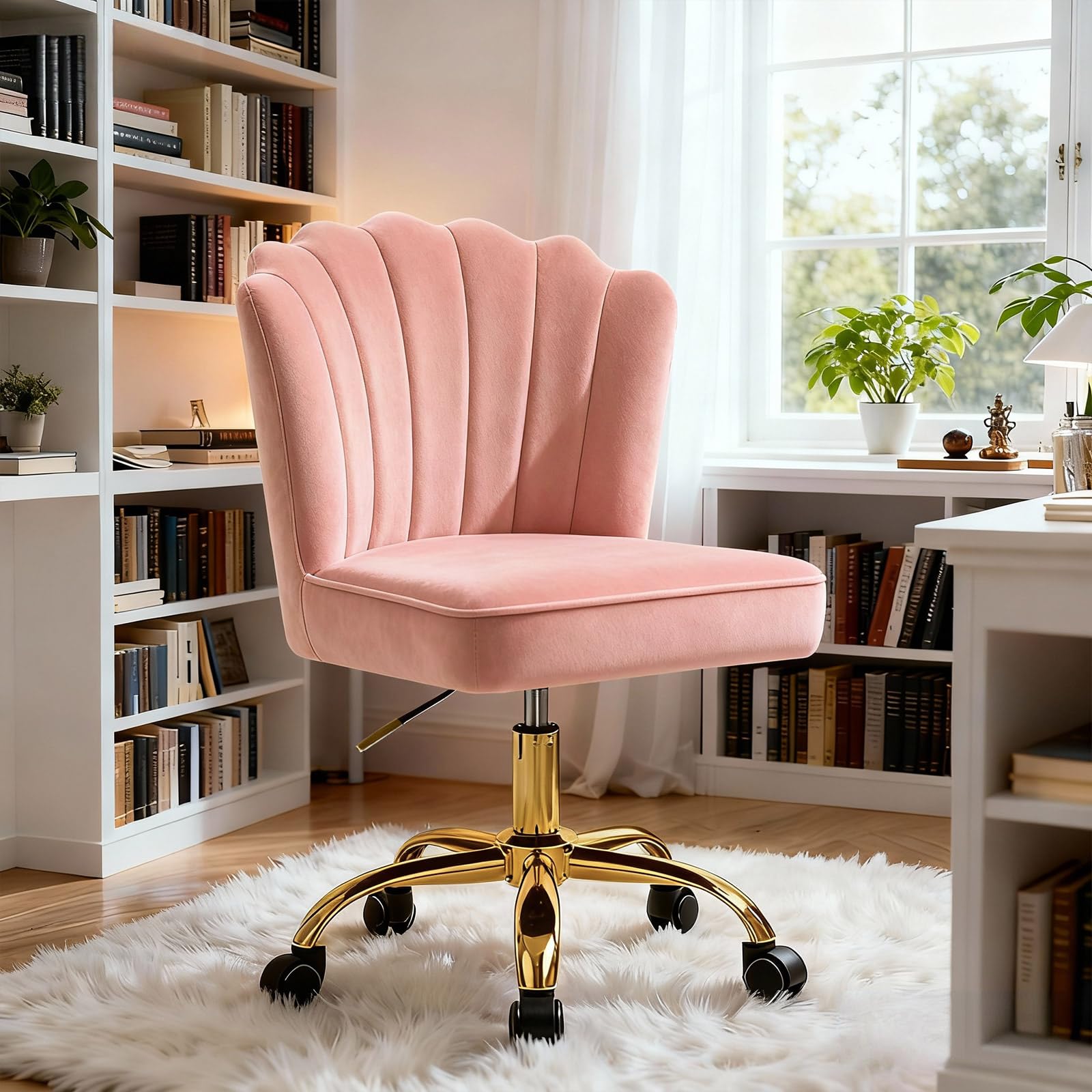 Silla de Escritorio, Silla de Oficina con Ruedas, Giratoria, Altura Ajustable, Patas Doradas, para Estudio, Dormitorio y Maquillaje, Terciopelo,135 kg, Rosa