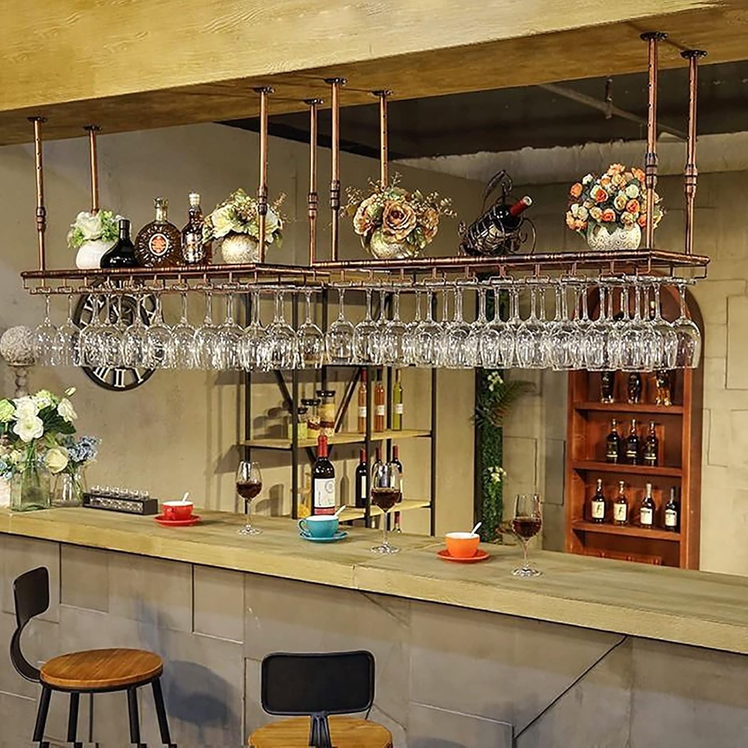 Hanging Wine Glass Holder Wine Rack - Industrial Retro Metal Wine Glass Hanging Rack Ceiling Decoration Floating Shelf with Adjustable Rods,Stemware Holder,for Bars Restaurants Kit