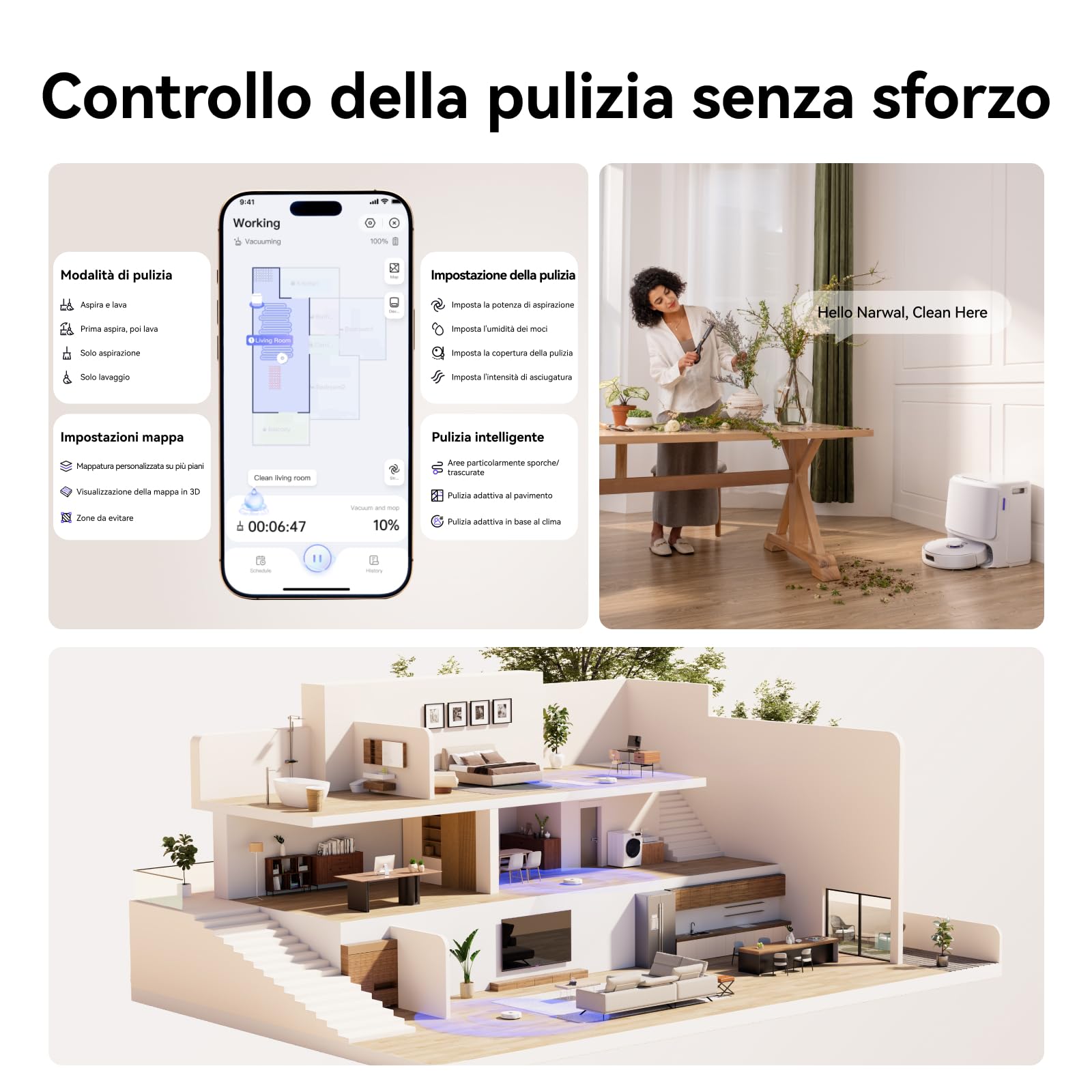 NARWAL Freo Z10 Robot Aspirapolvere e Lavapavimenti con Sistema Anti-Groviglio, 15.000Pa, Lavaggio 75°C, Asciugatura, Sollevamento Auto, Autosvuotamento, Evita Ostacoli, per Peli Animali