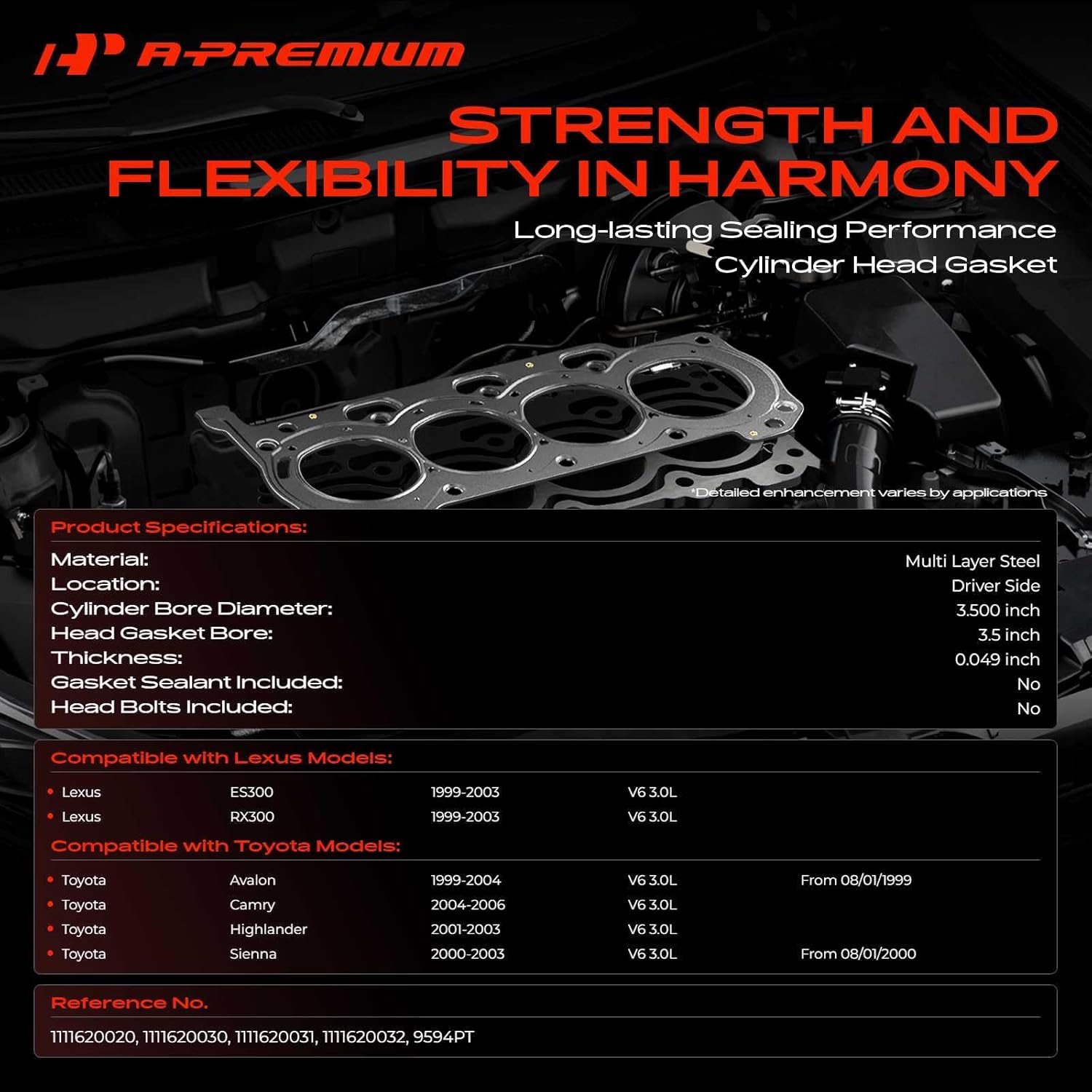A-Premium V6 3.0L Left Engine Cylinder Head Gasket Compatible with Toyota Camry 2004-2006, Highlander 2001-2003, Sienna 2000-2003, Avalon 1999-2004 & Lexus ES300/RX300 1999-2003, Driver Side