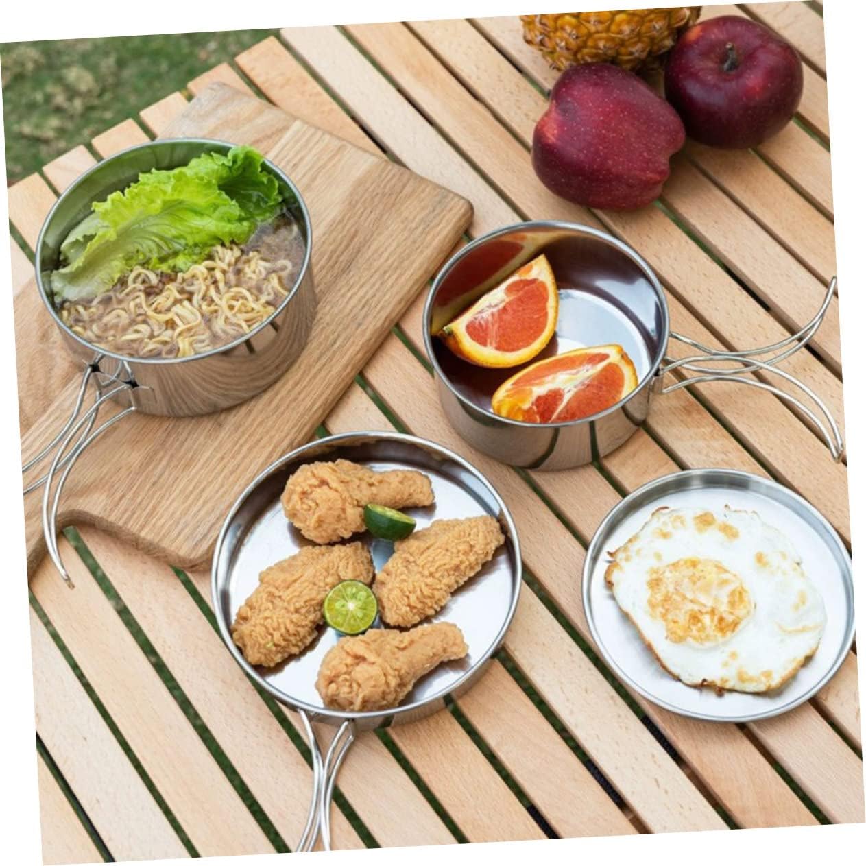 Camping Hiking Cookware Kit Stainless Steel Pot Pan Plates Cups Multipurpose Outdoor Cooking Equipment