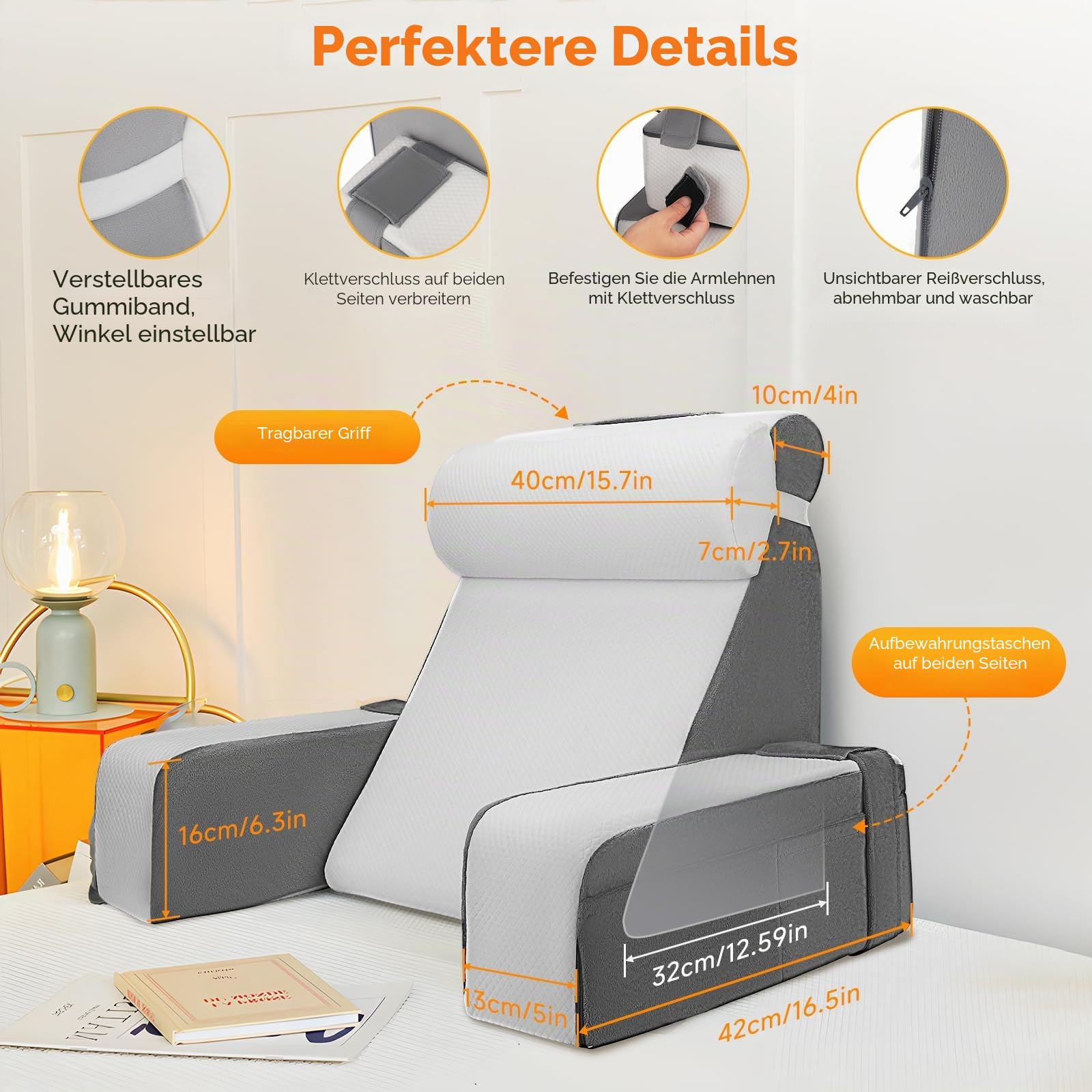 Lesekissen für Bett und Sofa, Rückenkissen aus Memory Foam mit Nackenkissen und Abnehmbaren Armlehnen, Erwachsenen Rückenkissen zum Lesen Fernsehen Videospiele