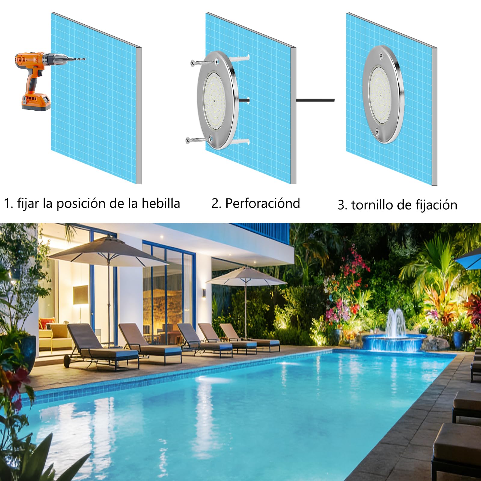 Iluminación LED para Piscina, 18W Focos Subacuáticos Blanco Frío en Acero Inoxidable, Impermeable IP68, Montaje Superficial, Lámpara para Piscina 12V AC/DC
