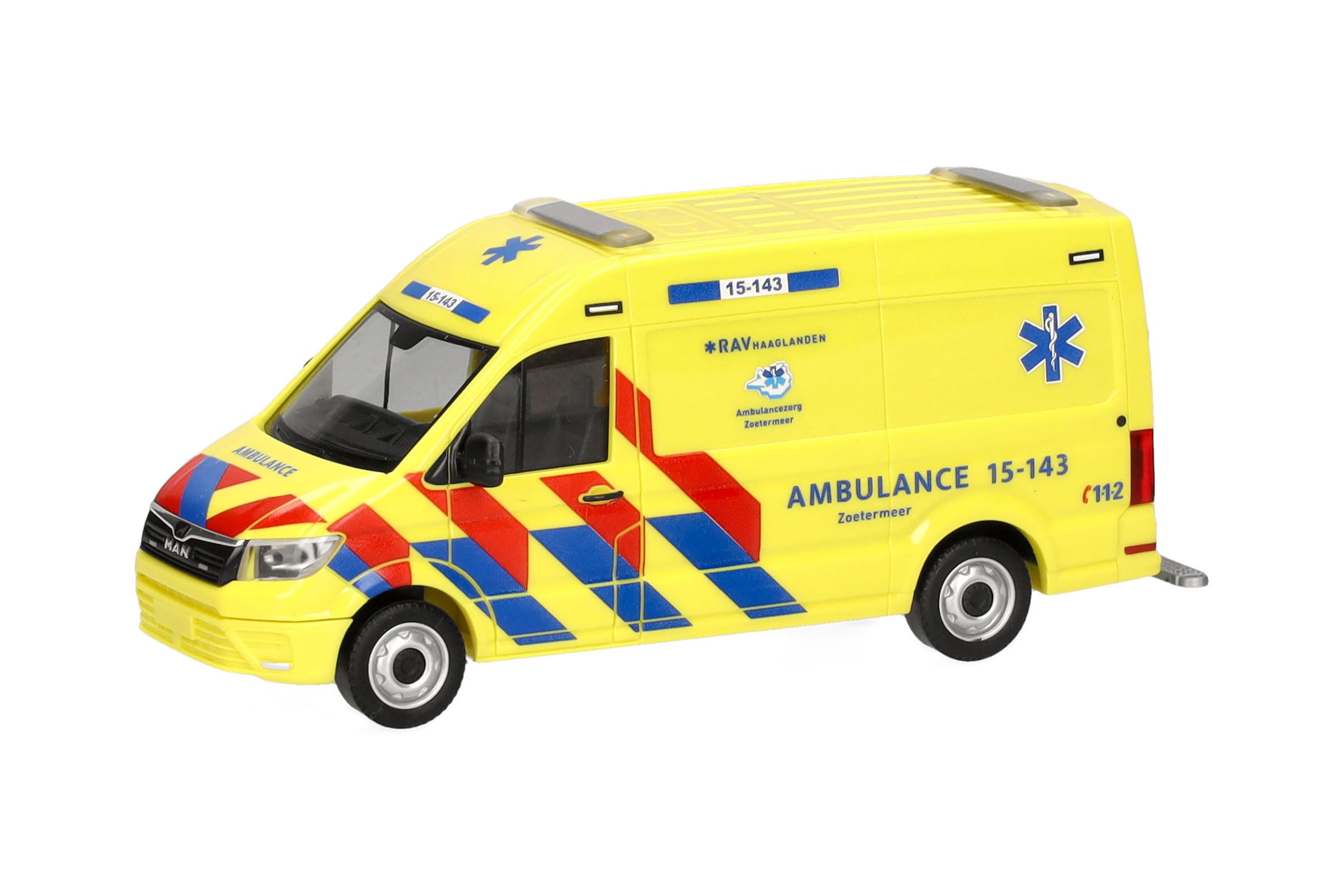 Herpa truck model MAN TGE transporter high-roof "Ambulance 15-143" (Netherlands), on a scale of 1:87, plastic miniature, made in Germany, model building, collectors edition