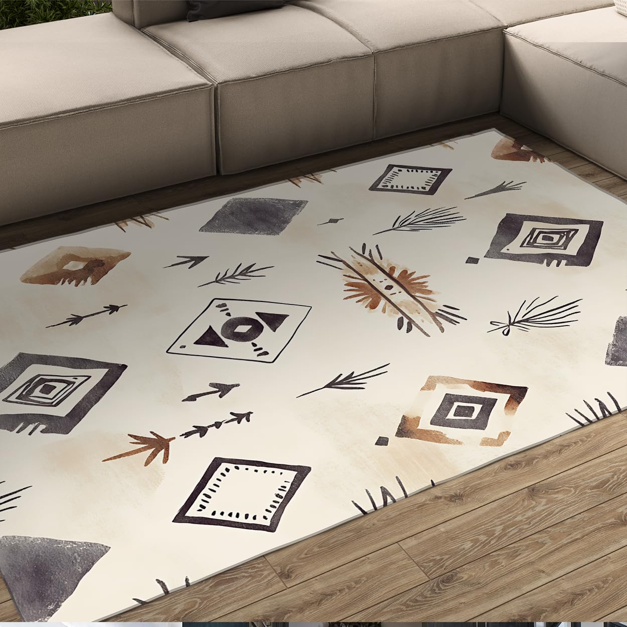 Tapis aztèque bohème beige 60x90cm lavable et antidérapant cuisine