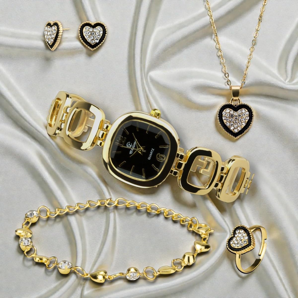 Gift Set Women's Watch Black - jewelry Set- Necklace-Ring- Earrings - Band - Image 5