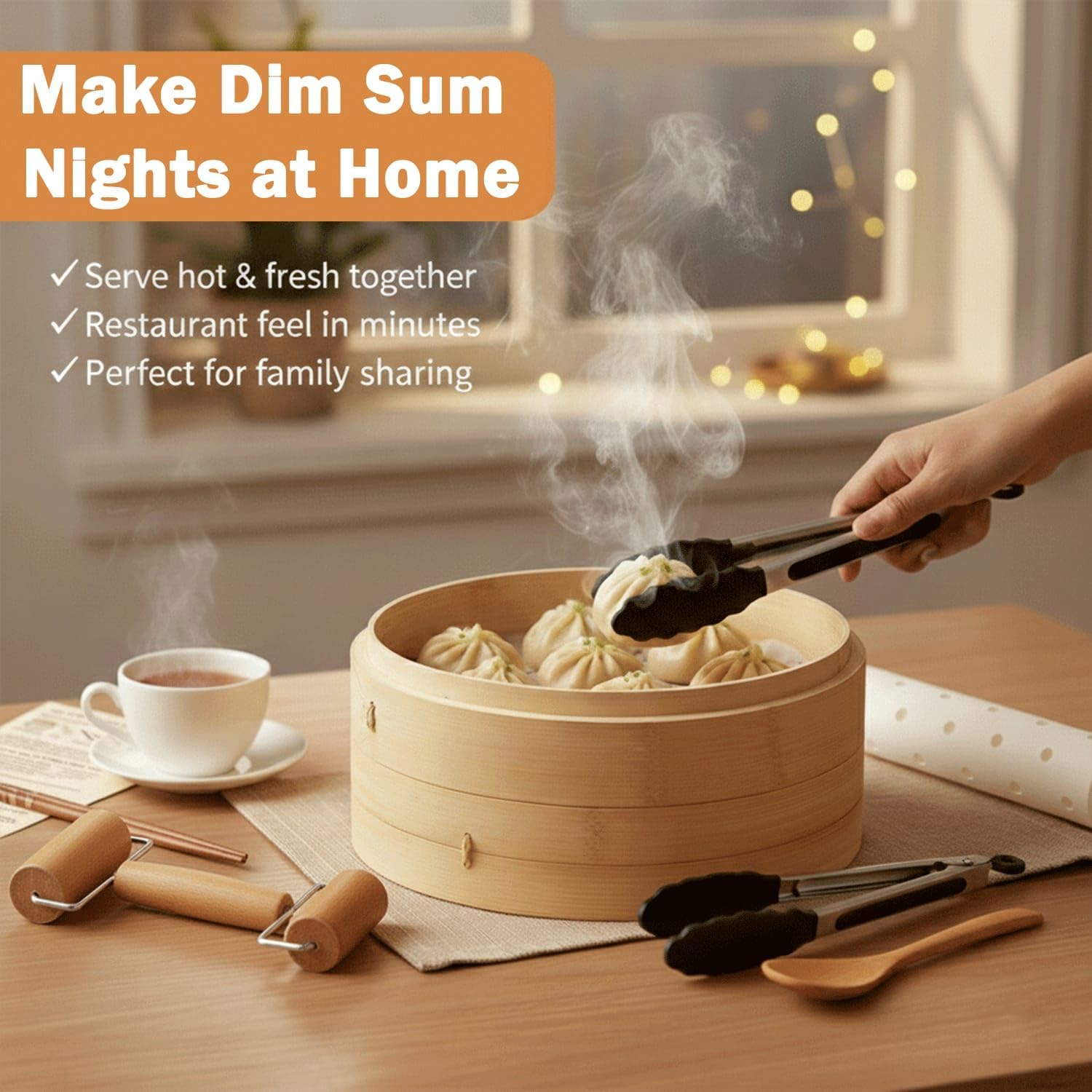 Bamboo Steamer Basket 10 Inch | 2 Tier Dumpling and Dim Sum Steamer for Bao Buns Vegetables and Asian Cooking | Bamboo Steaming Basket Set with Parchment Liners and Food Tongs