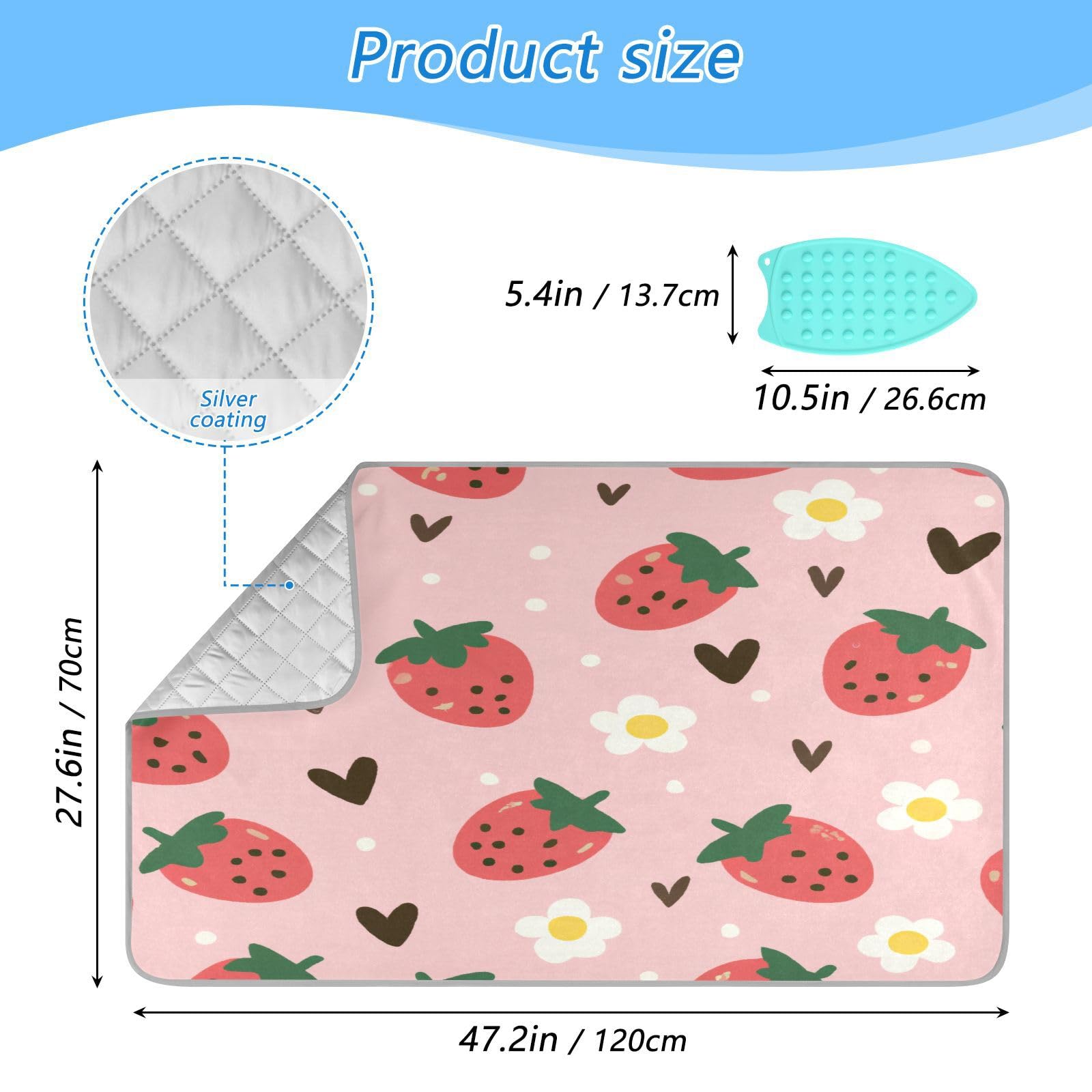 Bulletgxll Strawberry Summer Ironing Mat Portable Travel Ironing Pad Heat Resistant Ironing Blanket for Washer, Dryer, Table Top, Countertop, Ironing Board (27.6 x 47.2 Inches)