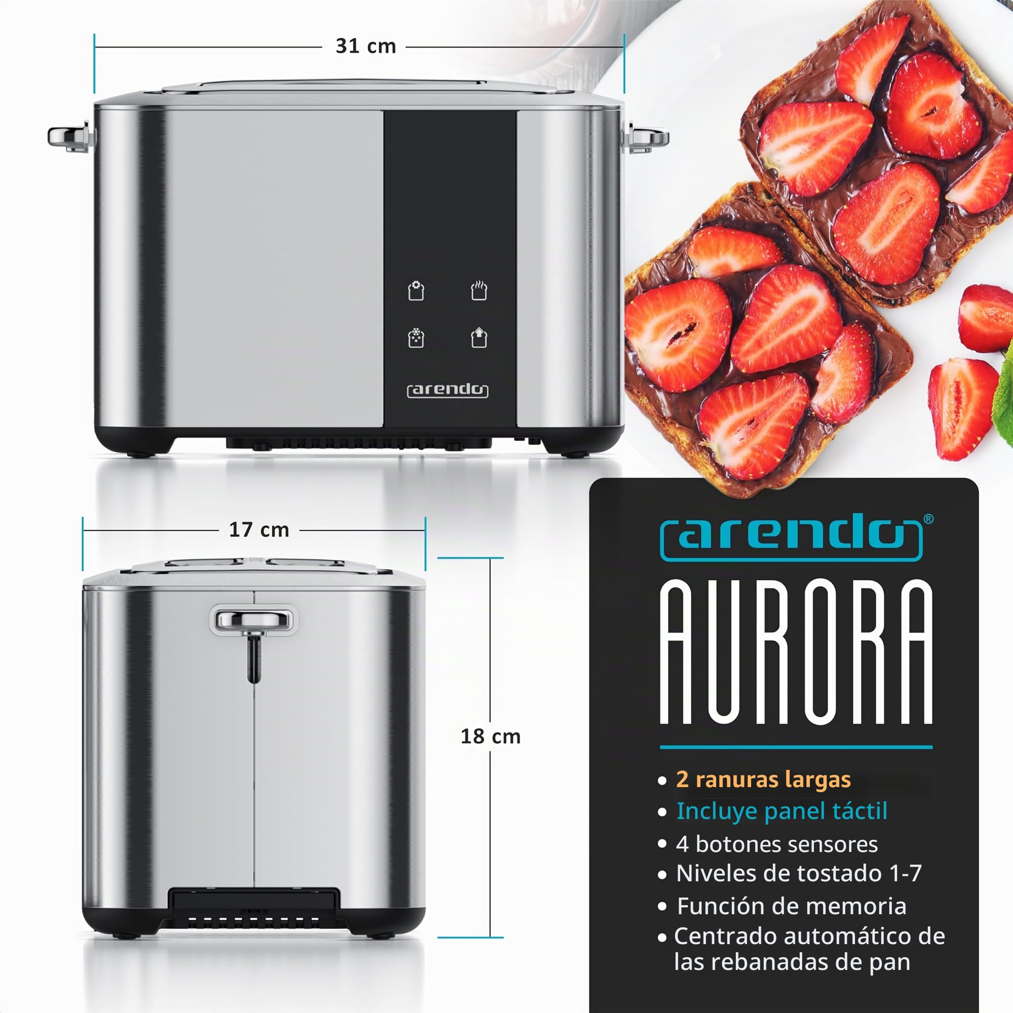 Arendo - Tostadora de acero inoxidable con ranura larga de 2 rebanadas - Pantalla táctil - Caja de doble pared - Rejilla recalentador de bollería integrada - 7 niveles de bruñido - Centrado del pan -