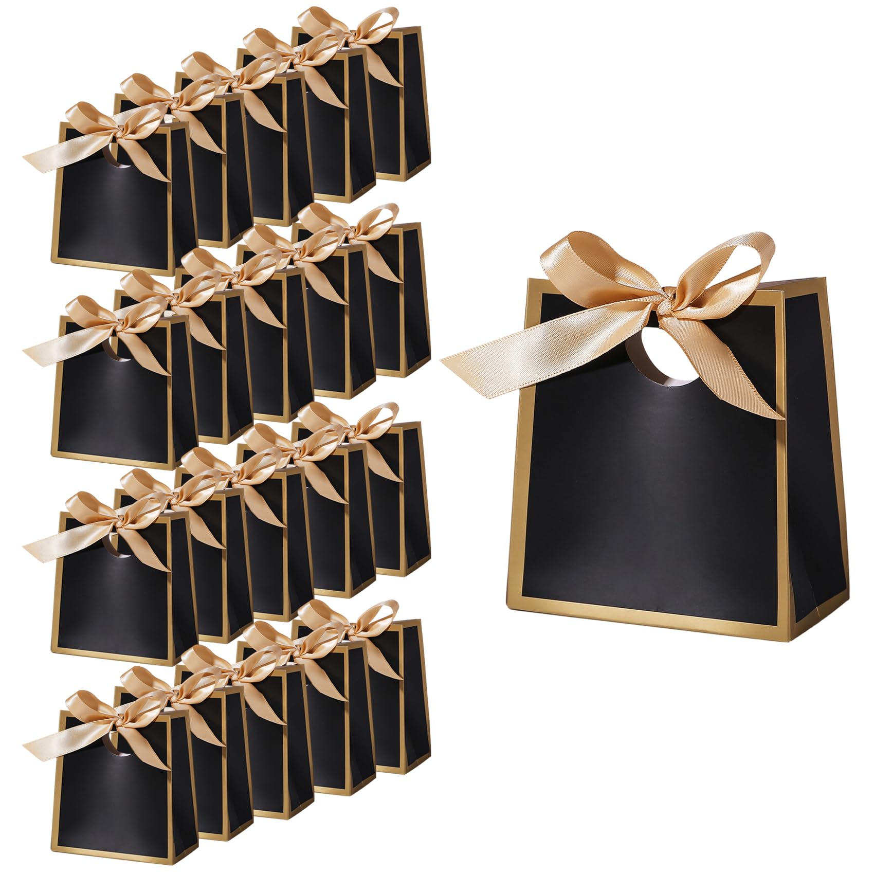 20Pcs Mini Gift Bags with Ribbons 12× 11× 6 cm Small Black Gift Bags Black Party Bags for Wedding Baby Shower Birthday