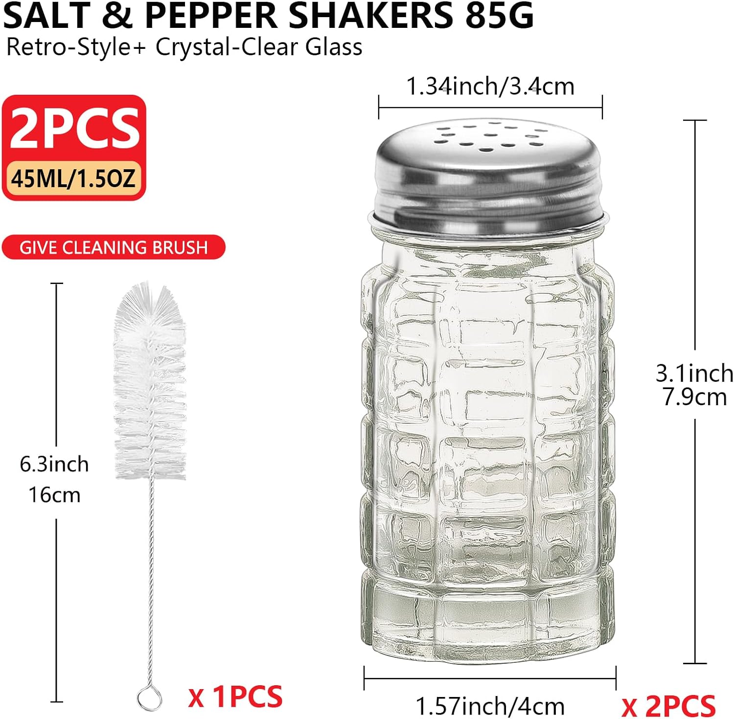 2Pcs 1.5 oz Glass Retro Salt and Pepper Shakers, Small Retro-style, Crystal-Clear Glass Salt and Pepper Shakers Set For Home Kitchens or Restaurants 45ML (2)