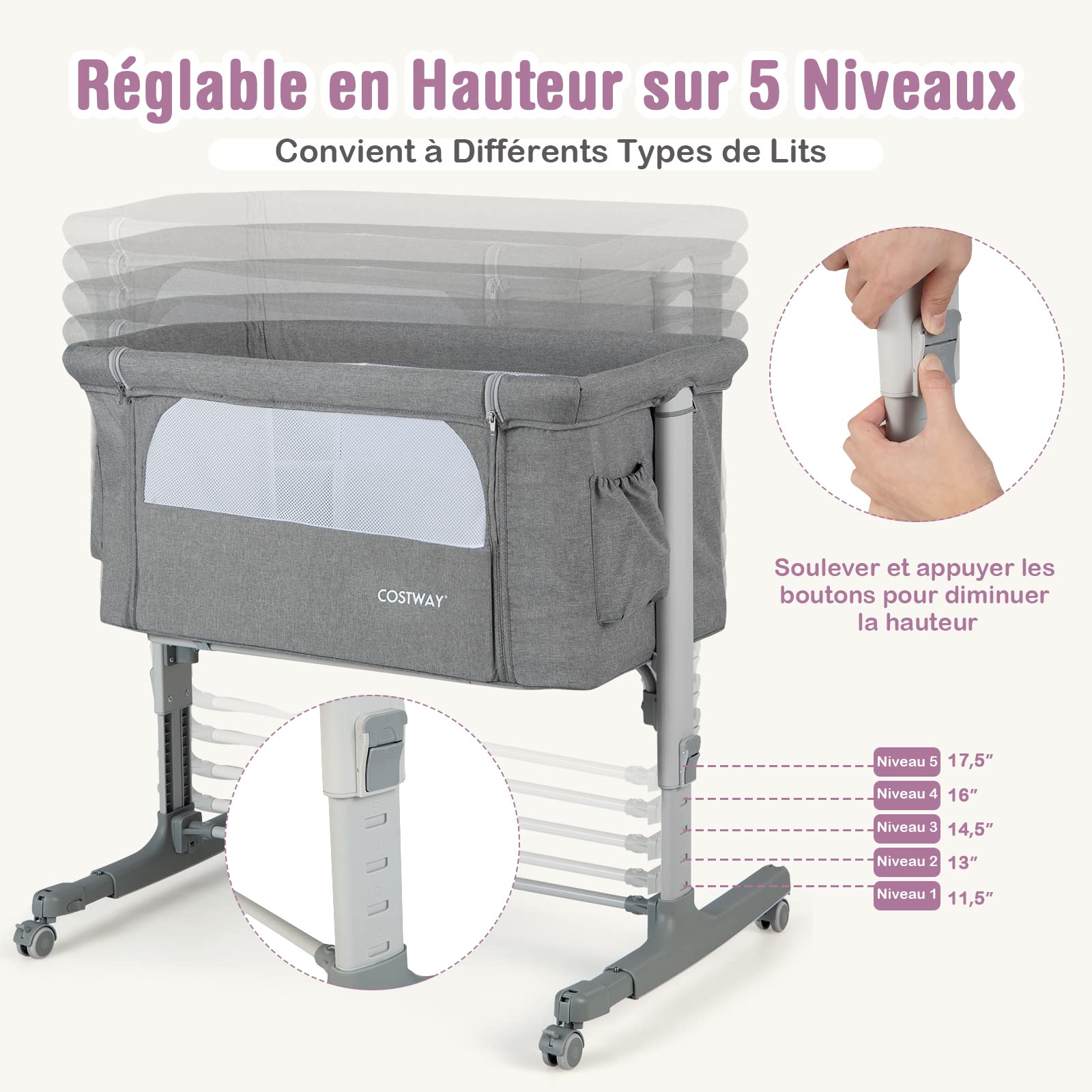 GOPLUS Berceau Bébé 3 en 1, Lit Cododo Portable avec Mode Berceau, Matelas Amovible, Hauteur Réglable, Poches de Rangement et Roues Verrouillables, Lit de Voyage pour Nouveau-né (Gris)