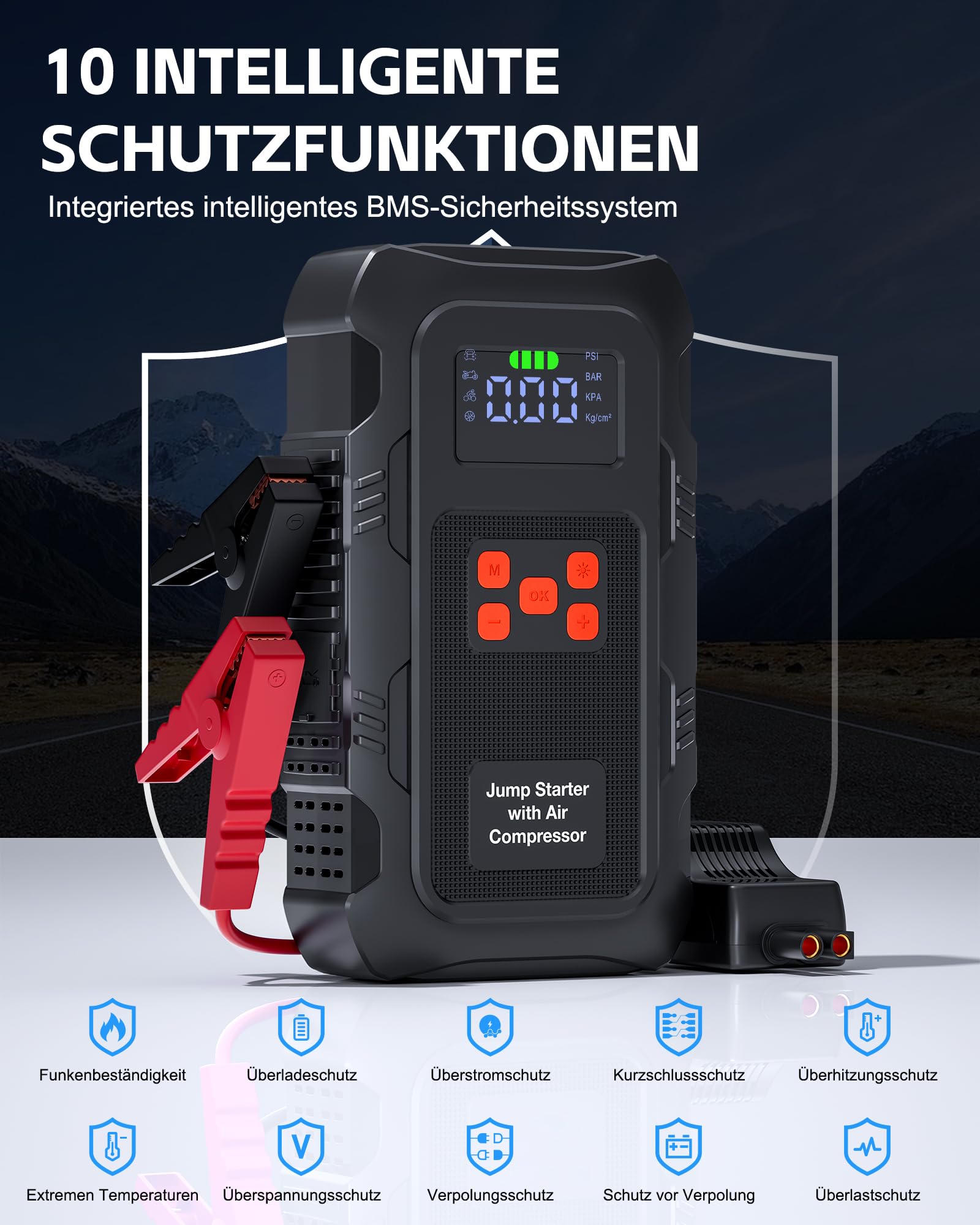 Povasee Booster Batterie Voiture avec Gonfleur Pneus Voiture 150PSI, Démarreur Batterie 12V pour 10L Essence/8L Diesel, Booster avec Arrêt Automatique, Lampe LED, Sortie USB (Orange)