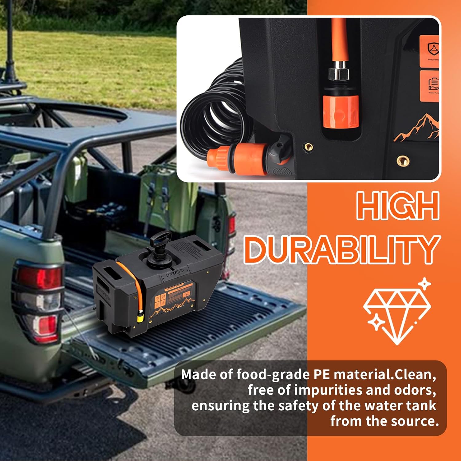 6.34Gallon/ 24L Self-Pressurized Water Tank with Hose and Sprayer, Water Storage Container Camping Shower for Overland Off-Road Vehicles, Pick-up Trucks,Outdoor Activities Water Supply