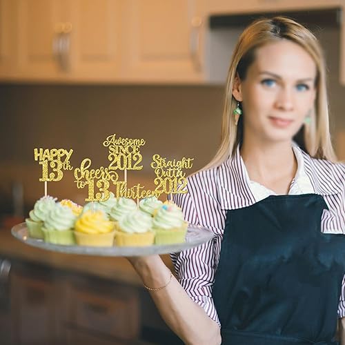 Miniatura 7 de Paquete de 30 adornos para cupcakes de cumpleaños de 13 años, con purpurina "Straight Outta 2012", Happy Thirteen Awesome Since 2012, fabulosas