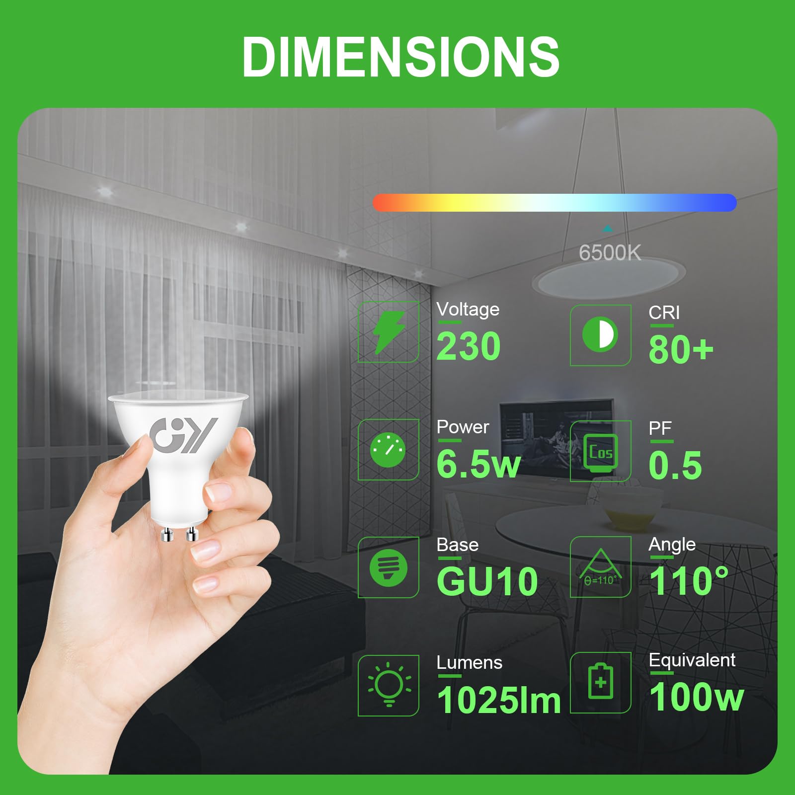 GY Lampadine GU10 LED, 6.5W (equivalenti a 100W), 1025 Lumen, 6500K Bianco Fredda, Risparmio Energetico LED GU10, Lunga Durata, Basso Consumo, 120° Angolo del Fascio,Non Dimmerabile, 10 pezzi