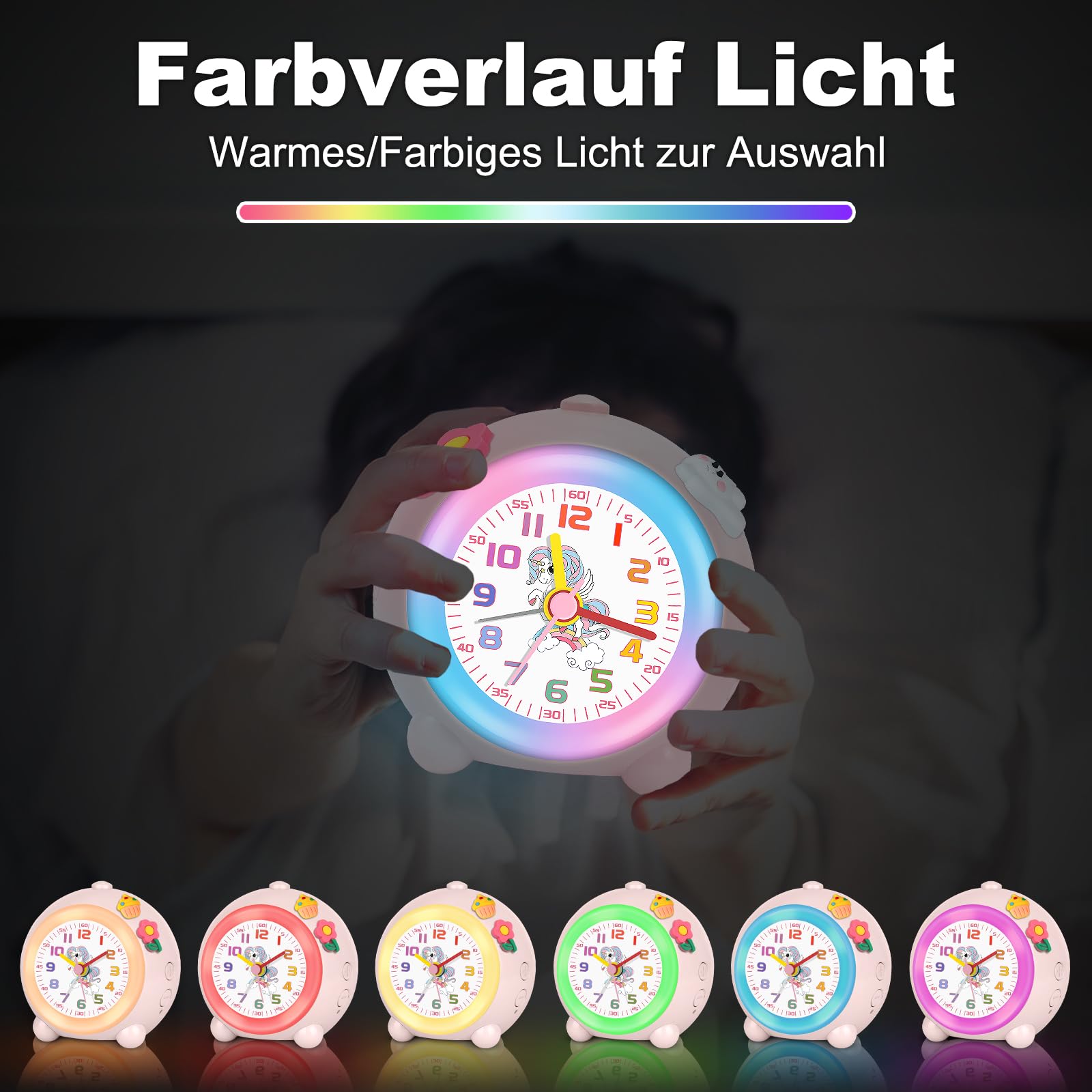 SOCICO Analoger Kinder Wecker Mädchen, Einhorn Design, Lautlos, Ohne Ticken Niedlicher Pfirsich Wecker Analog, mit Buntem Licht, Einstellbare Lautstärke (Blassrosa)