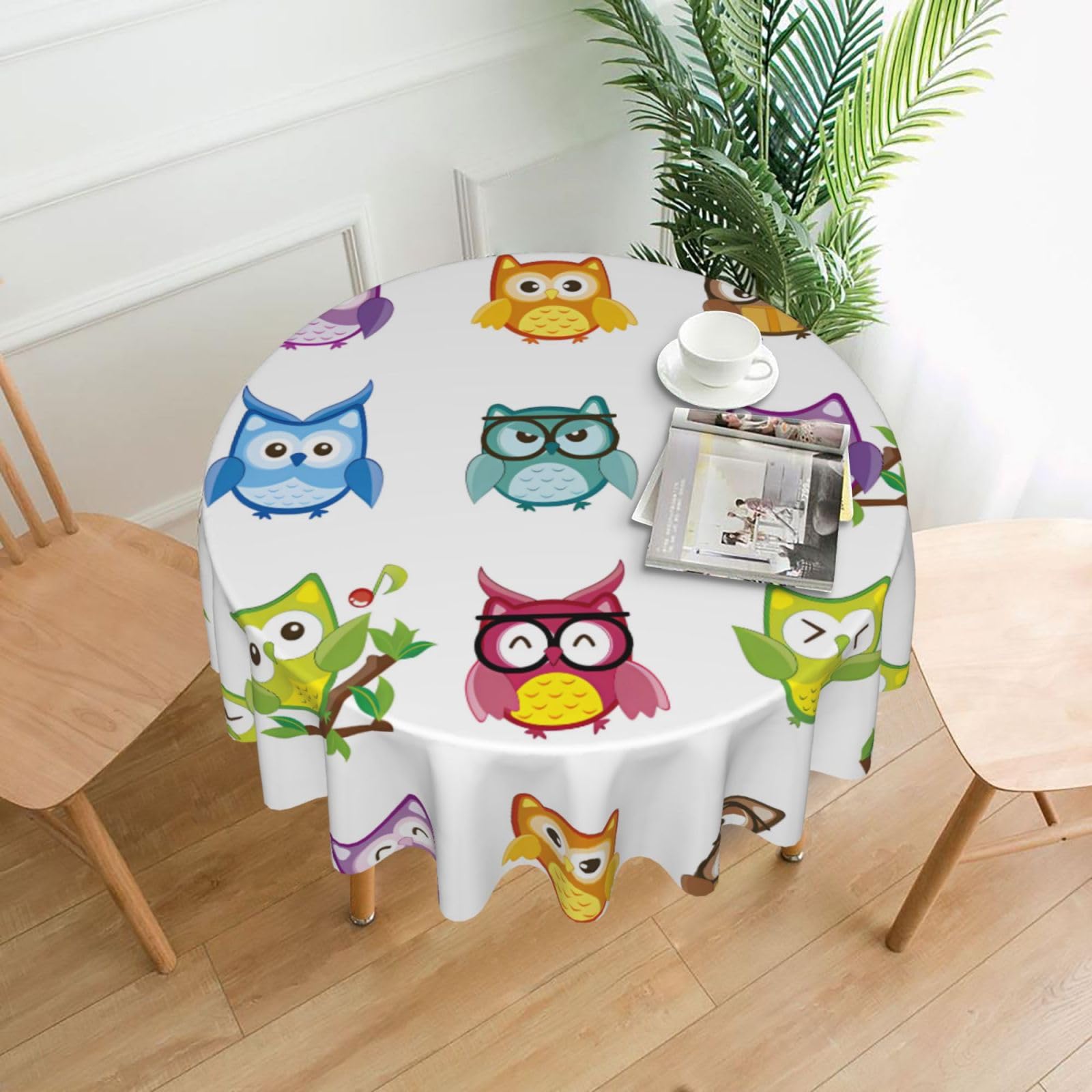 YYHHAOFA Owls Birds Prints Round Decorative Tablecloth 60in - High-Grade Polyester Throw for Dining Tables, Parties, & Outdoor Events