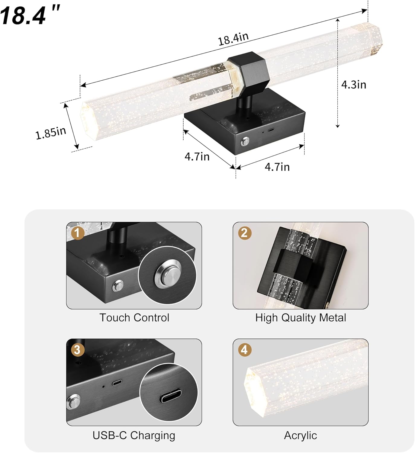Battery Operated Wall Sconce Set of 2, Wireless Rechargeable Wall Lights with Remote Control 10000mAh Not Hardwired Dimmable Timer 3 Color Temperature Wall Lamp for Living Room Bedroom Black 18.5 Inch