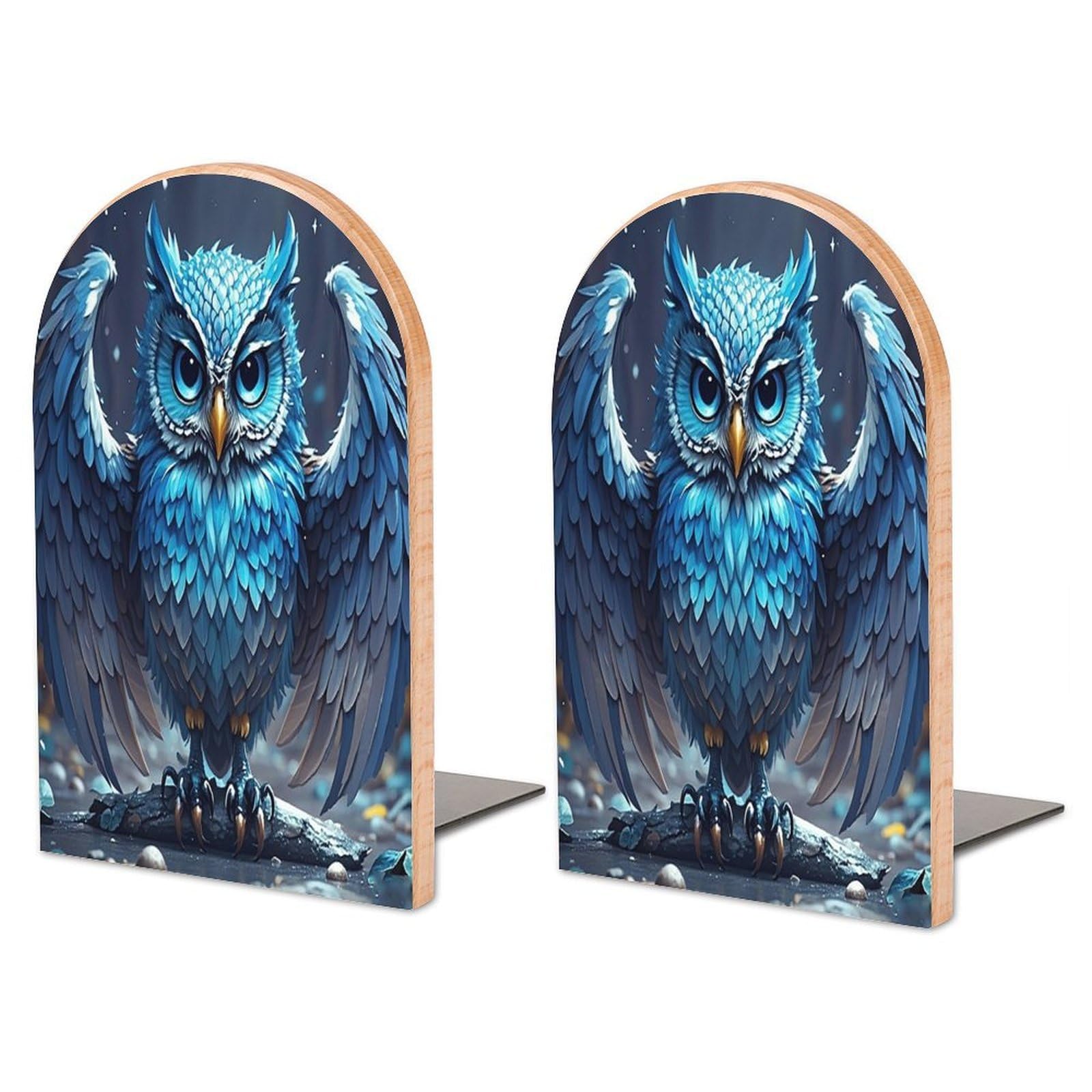 Blue Owl Bookend for Shelves Non-Skid Book Holder Modern Heavy Duty Bookend Stopper Metal Base Wood Book End Books Shelf Holder Home Decorative 1pair 6.7x3.9x4.7