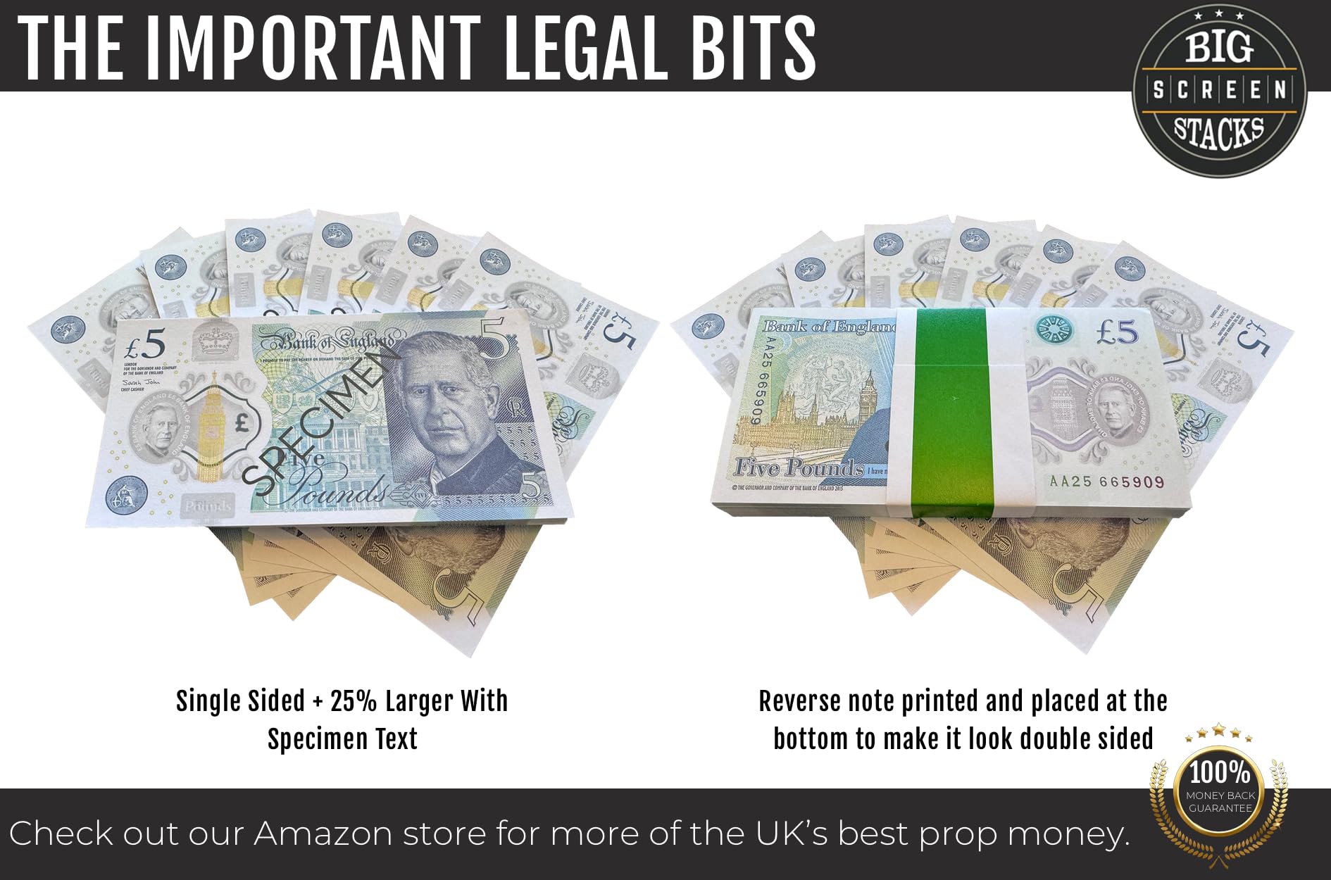 BIG SCREEN STACKS Prop Money UK, 100 Fake £5 King Charles Notes for Film TV & Photography - Image 3