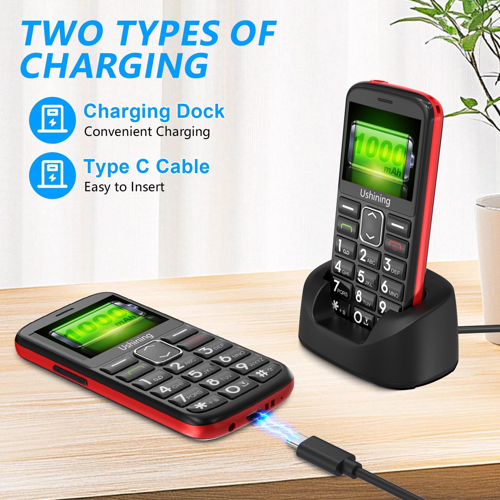 Seniorenhandy Ohne Vertrag mit Groüe Tasten, Dual SIM Senioren Handy mit 2,4 Zoll Farbdisplay, 1000 Mah Akku, Hörgeräte Kompatibel, Notruftaste, Typ-C-Kabel, Rentner Handy Mit Ladestation, Schwarz