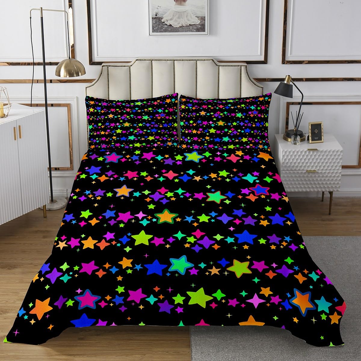 Feelyou Kids Star Tie Dye Print Bedspread Queen Size Kawaii Star Pattern Coverlet Set for Boys Teens Decor Boho Hippie Quilted Coverlet Tie Dyed Quilted Bedroom 3Pcs