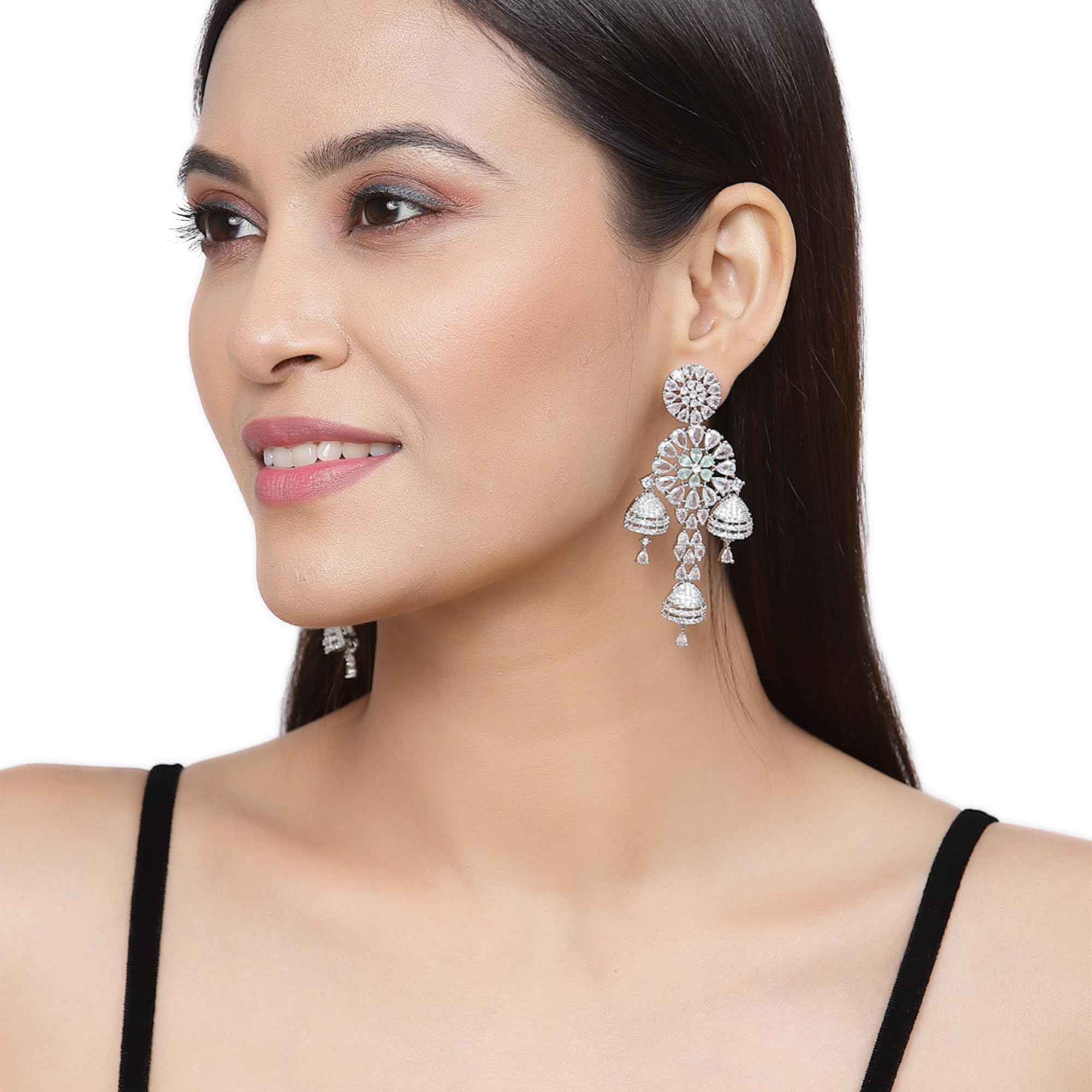 Rhodium-Plated Circular Drop Earrings with American Diamond Studs