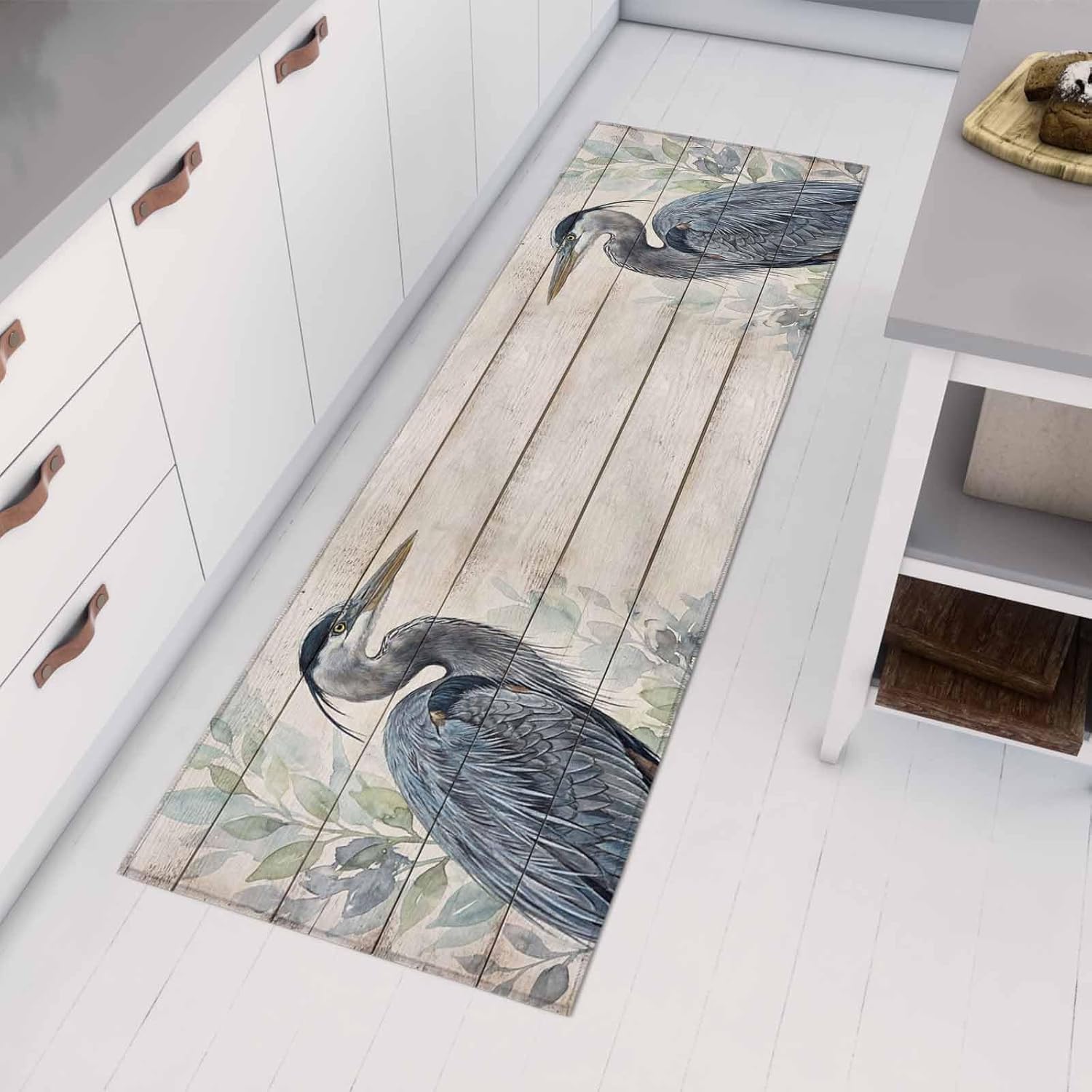 Teamery Kitchen Mats for Floor Farm Gray Heron on Wood Grain Washable Non Slip Kitchen Rugs 1PCS, Watercolor Leaves Animal Absorbent Standing Mats for Sink Bathroom Office Living Room 23.6x70.9in