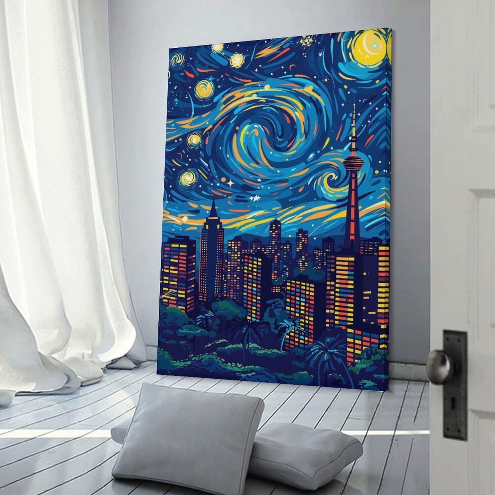 Junmoney Cityscape Under A Swirling Starry Night Canvas Wall Decor, 16x24inch(40x60cm), for Lounge Decor, Bedroom Walls Or Flats, Eye Catching Artwork for Blank Walls
