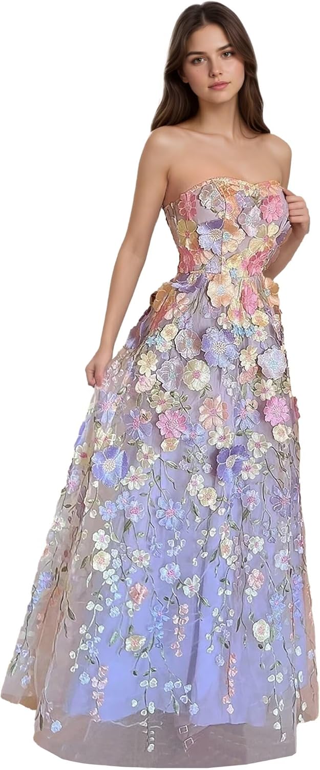 3D Floral Embroidery Sweetheart Prom Dress Strapless Tulle Formal Evening Dresses Long Lace Up Back Ball Gowns GL0163