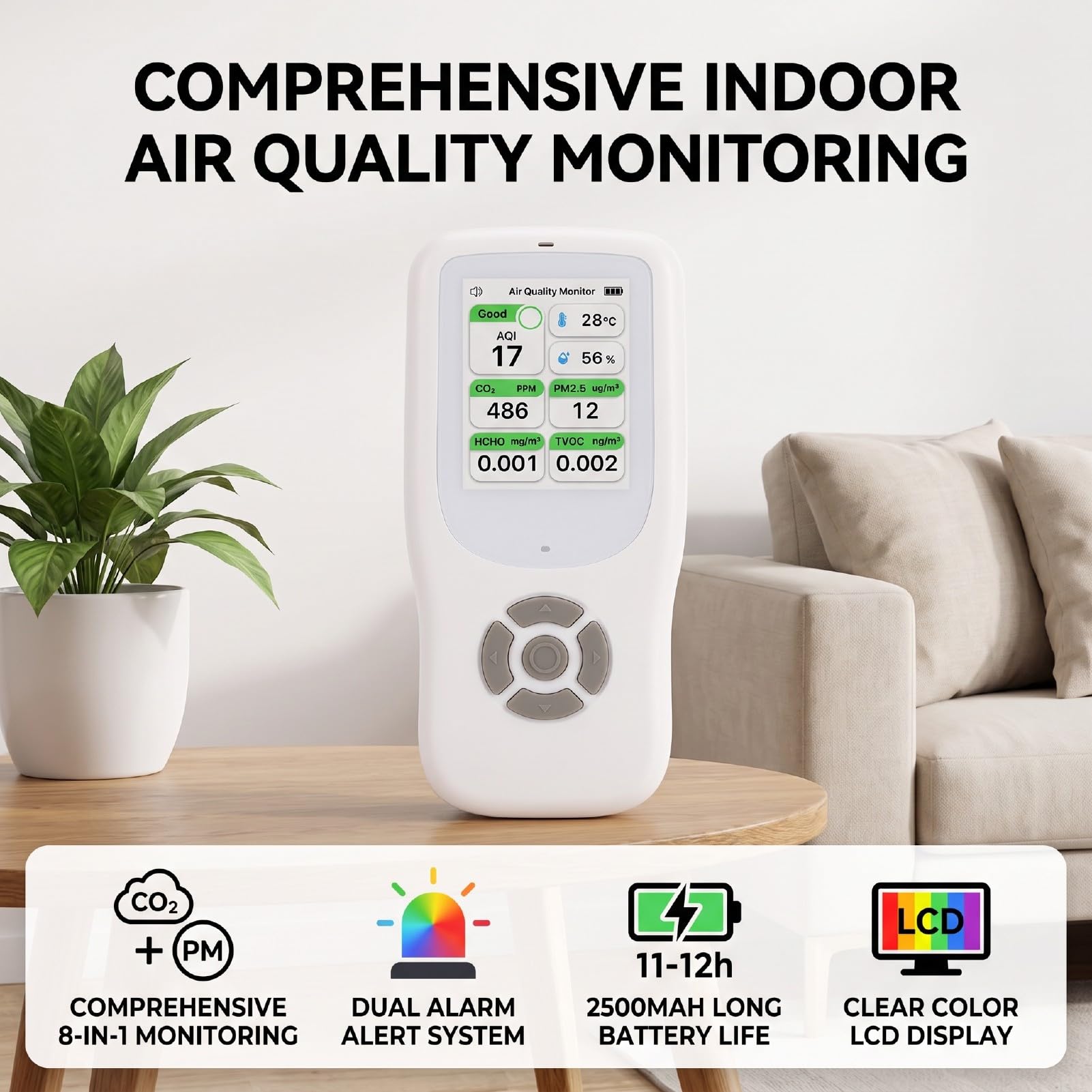 Monitor de Calidad del Aire, Detector Portátil para el Hogar | CO2 PM2.5 PM1.0 PM10 TVOC HCHO Temperatura Humedad, Sensor de Grado de Laboratorio con Alarma Dual, Batería de 2500 MAh