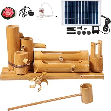 Solar Water Fountain, Bamboo Waterfall Decoration for Garden Bird Bath, Outdoor Water Feature (70cm)