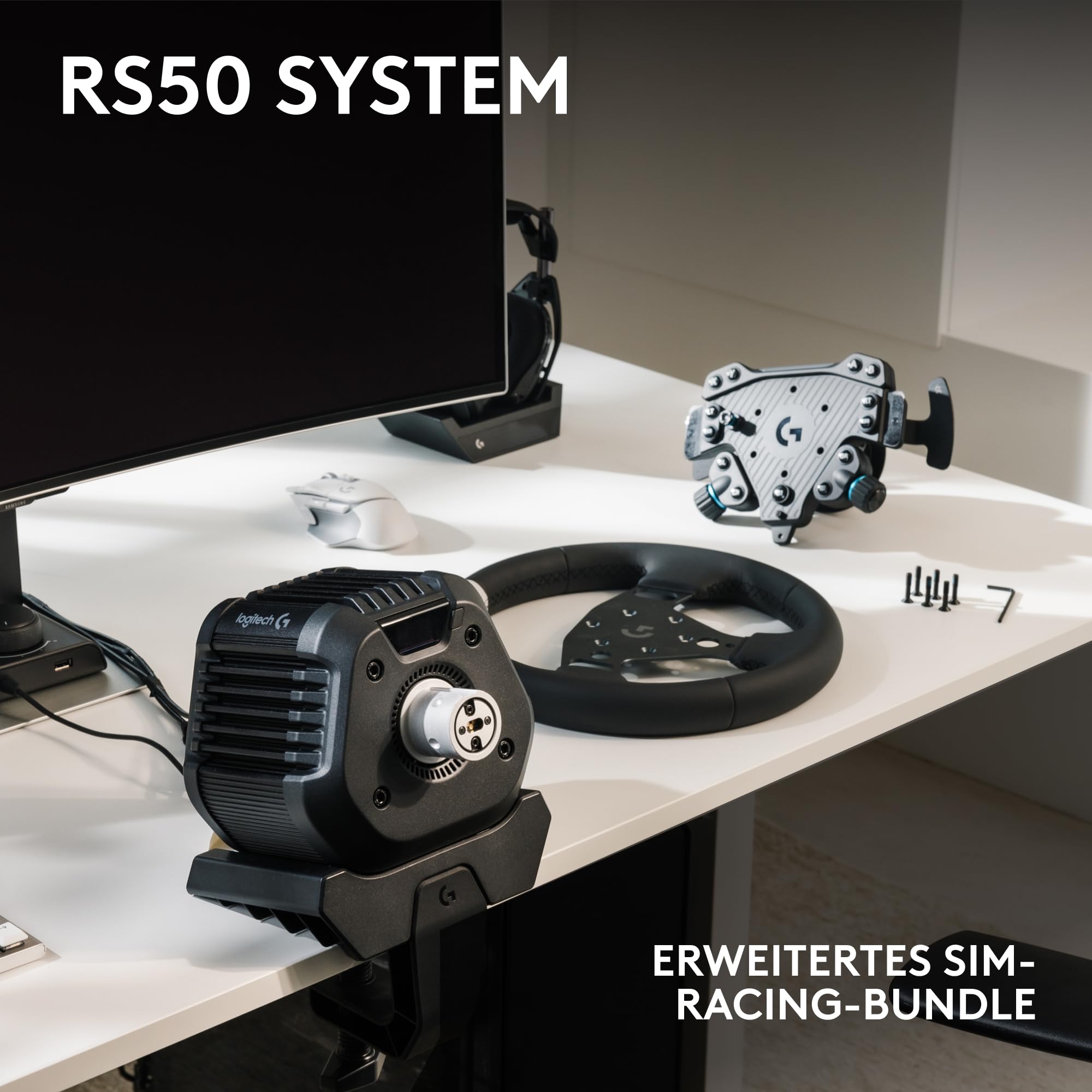 Logitech G RS50 System 3-teiliges Sim-Racing-Lenkrad-Setup RS50-Radbasis 8 Nm Direktantrieb RS Wheel Hub 13 Tasten RS-Rundrad 28 cm PS5/PS4/PC Schwarz