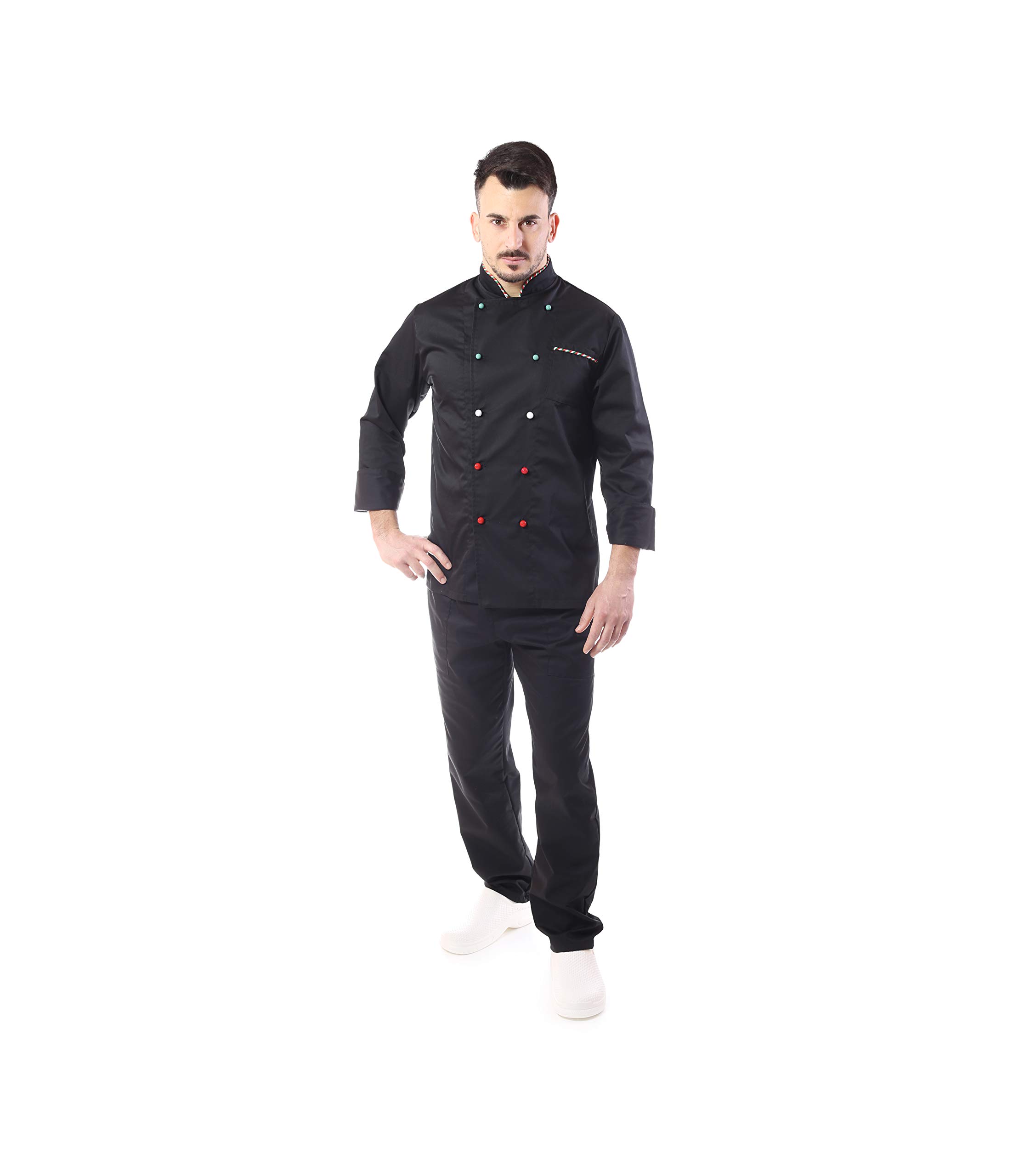Ricamo Gratuito, completo cuoco nero Italia, divisa uomo chef, 3 PZ, giacca pantalone davantino, per cucina e ristorante, Made in Italy
