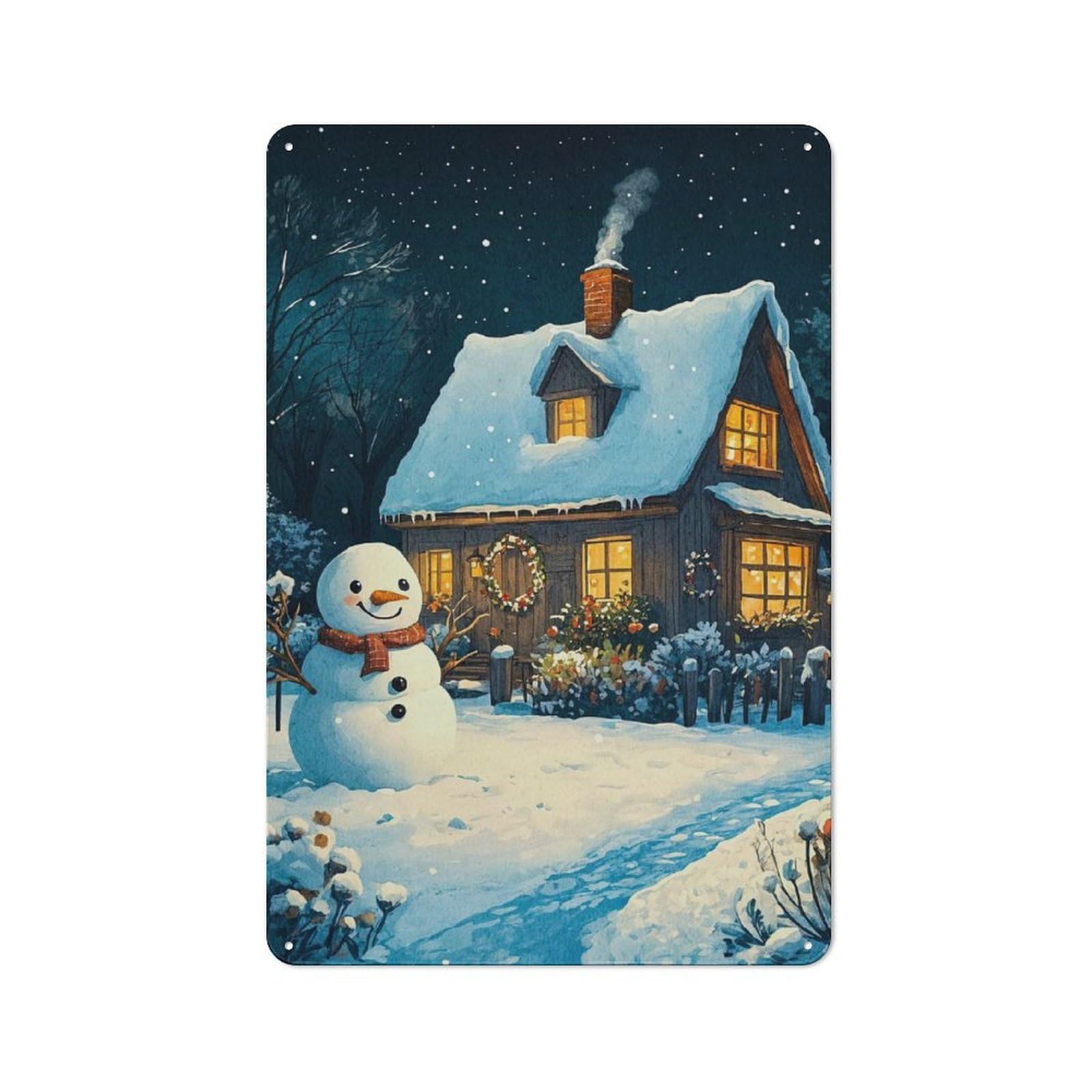 Junmoney Snowy Cottage Christmas Tin Wall Plaque 30X20cm With For Home Office Or Studio, Gift Idea At Christmas For Creative Workspace Decorators