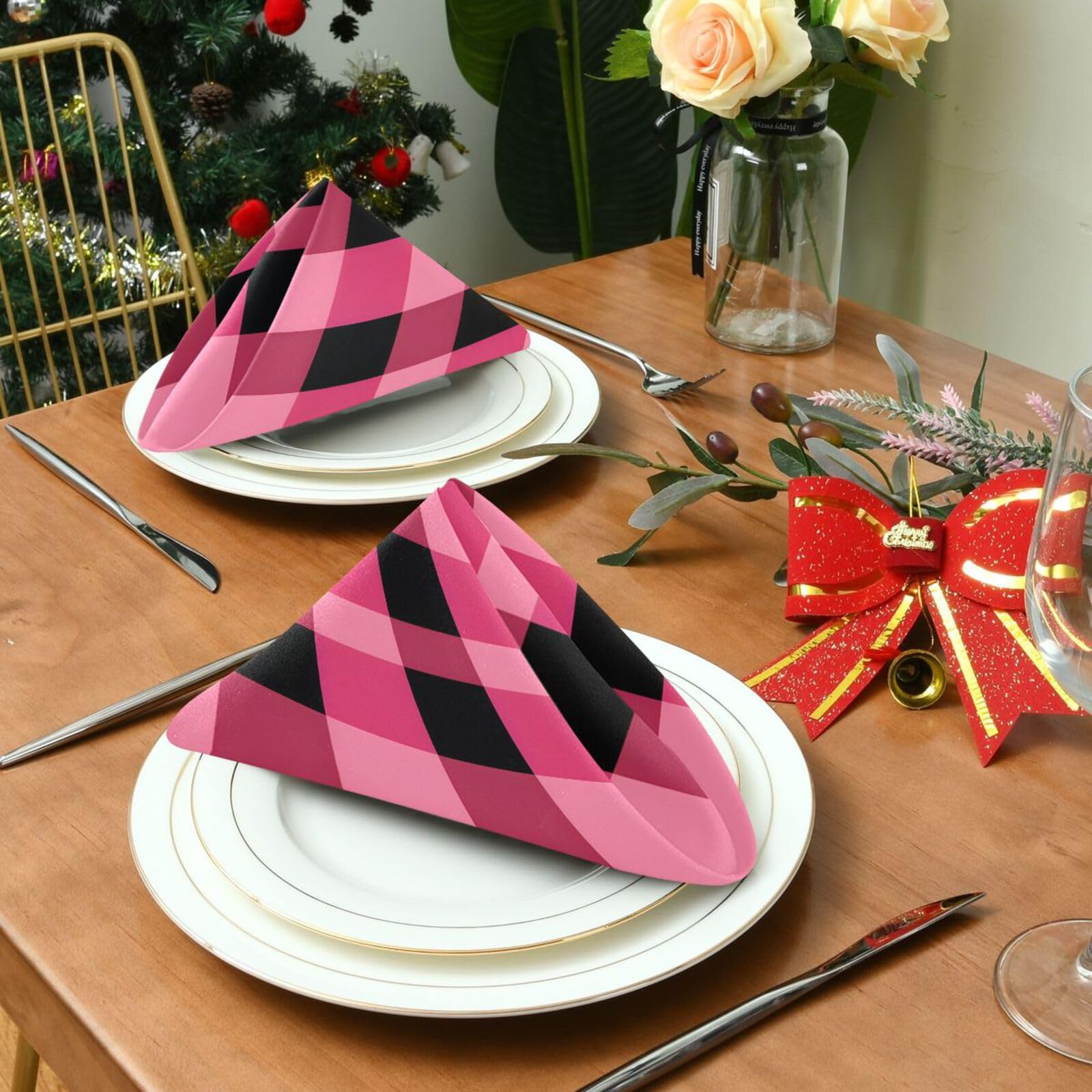 Amazon.com: Pink Red Buffalo Plaid Checked Cloth Napkins Dinner