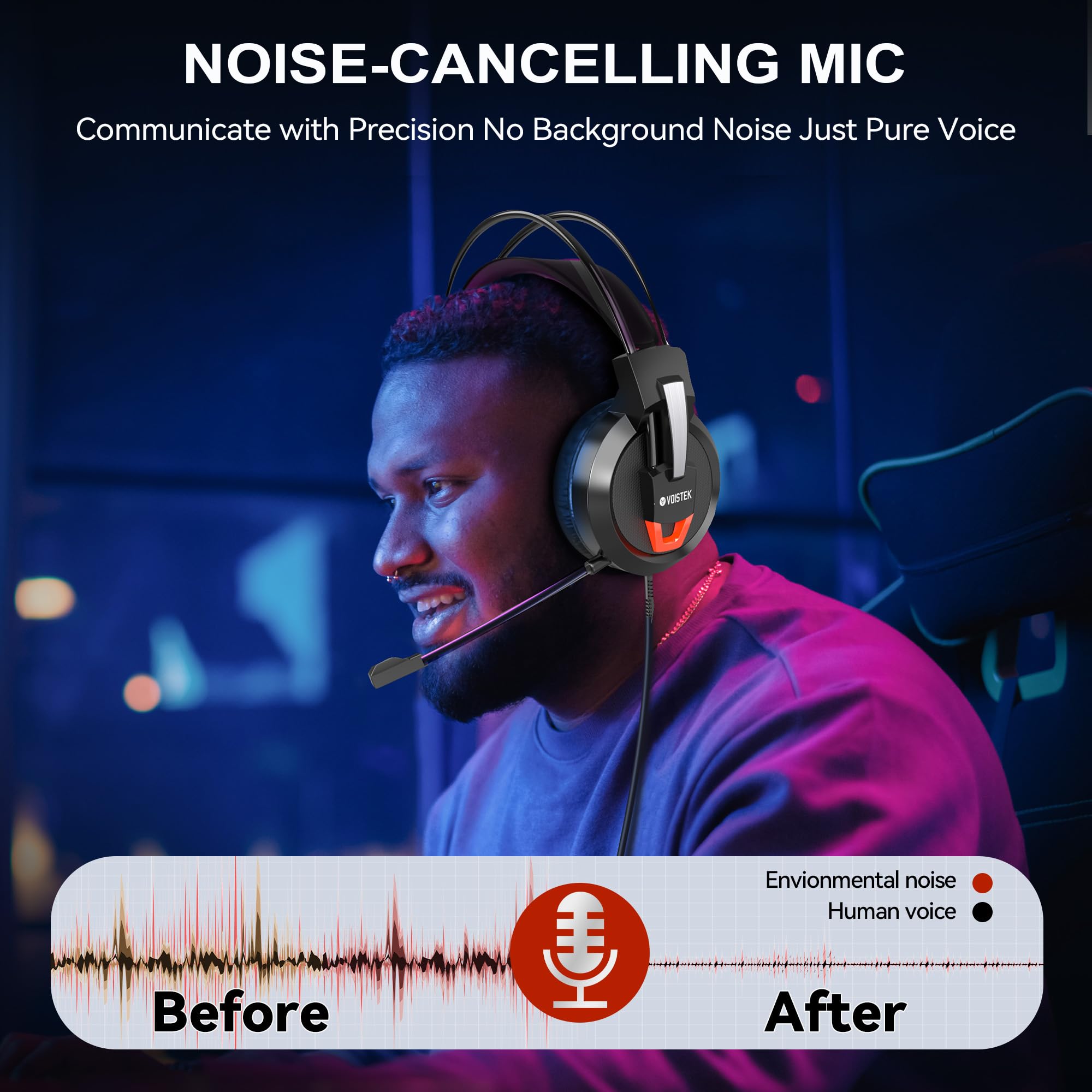 Voistek Cuffie da gioco per PC, PS4, PS5, Xbox, cuffie over-ear con suono surround, cuffie cablate da 3,5 mm con microfono a cancellazione del rumore, nero