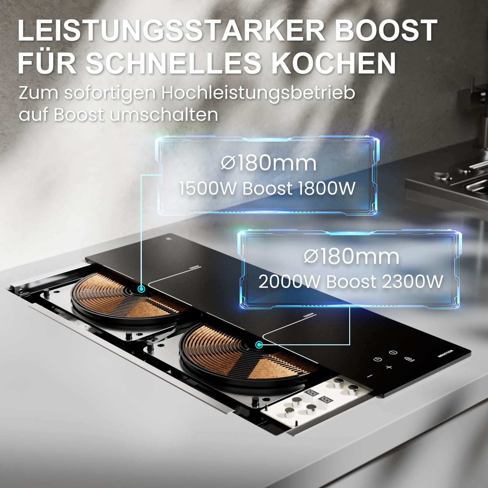 Induktionskochfeld 2 Platten Einbau mit Kratzfeste Glaskeramik | Induktionskochplatte mit VDE-Stecker & Ceranfeldschaber, 3800W Boost, Touch-Control, 2 Jahre Garantie, 9 Leistungsstufen