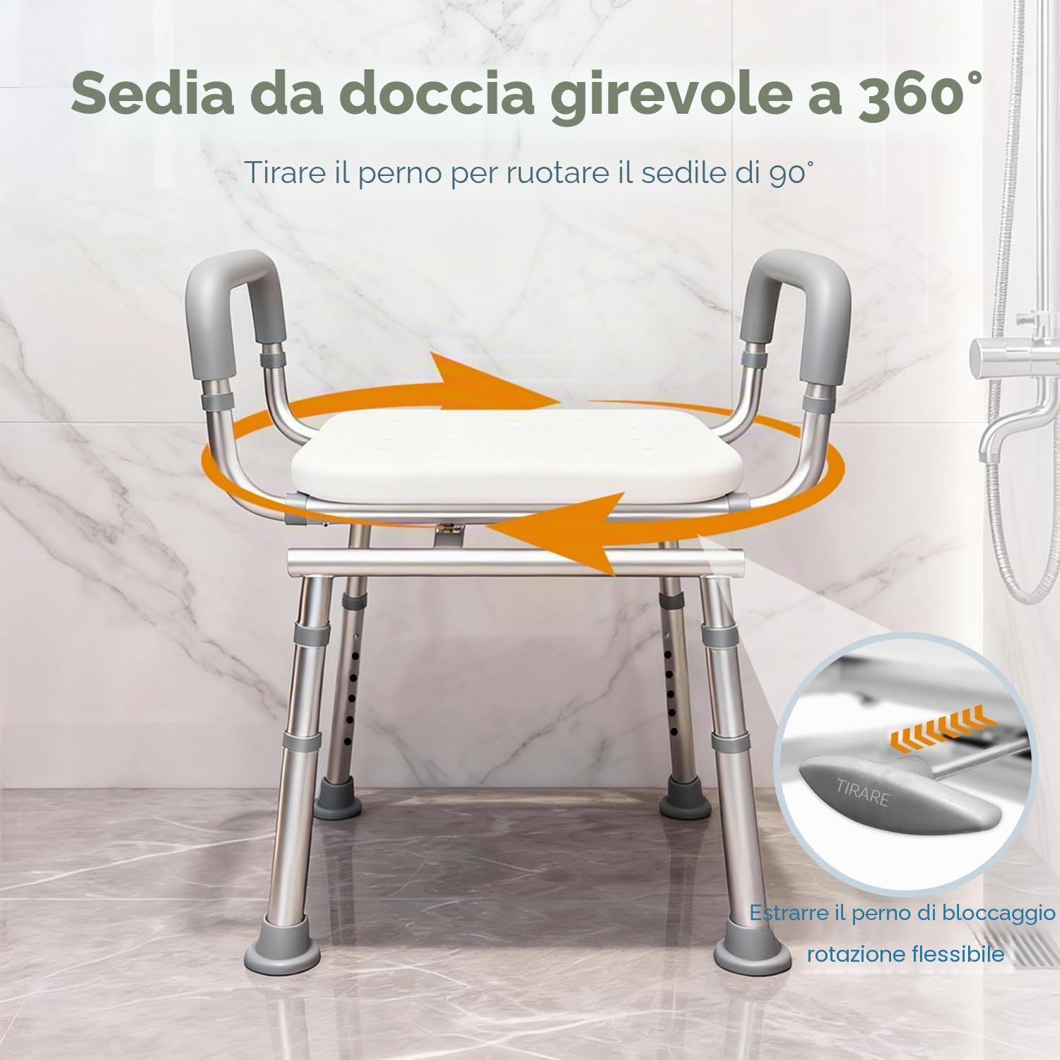 Agrish Sedia da Doccia Girevole a 360° con Braccioli Rimovibili | Altezza regolabile e struttura robusta fino a 159 kg; ideale per anziani e disabili, adatta a doccia e vasca