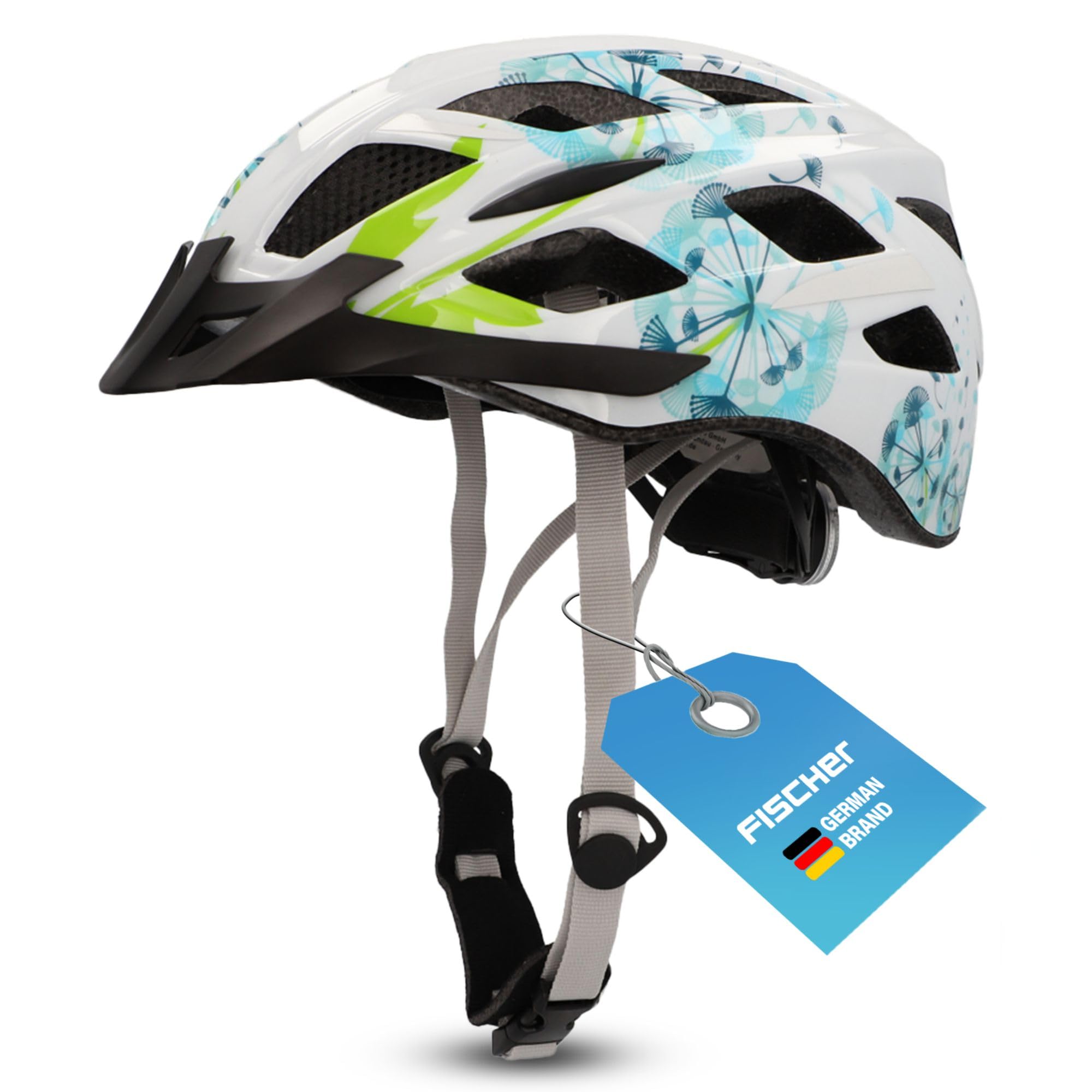 FISCHER Adult Bicycle Helmet, City Helmet, Urban Flower, S/M, 52-59 cm, White Blue, with Illuminated Inner Ring System