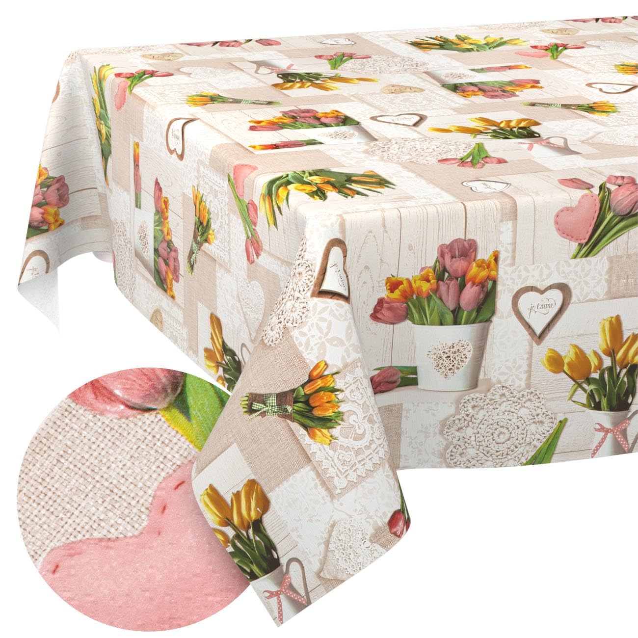 Oilcloth Tablecloth Washable Wax Tablecloth Easy Care Lotus Effect Outdoor Garden Tablecloth Heart Spring 220 x 140 cm (Oval)