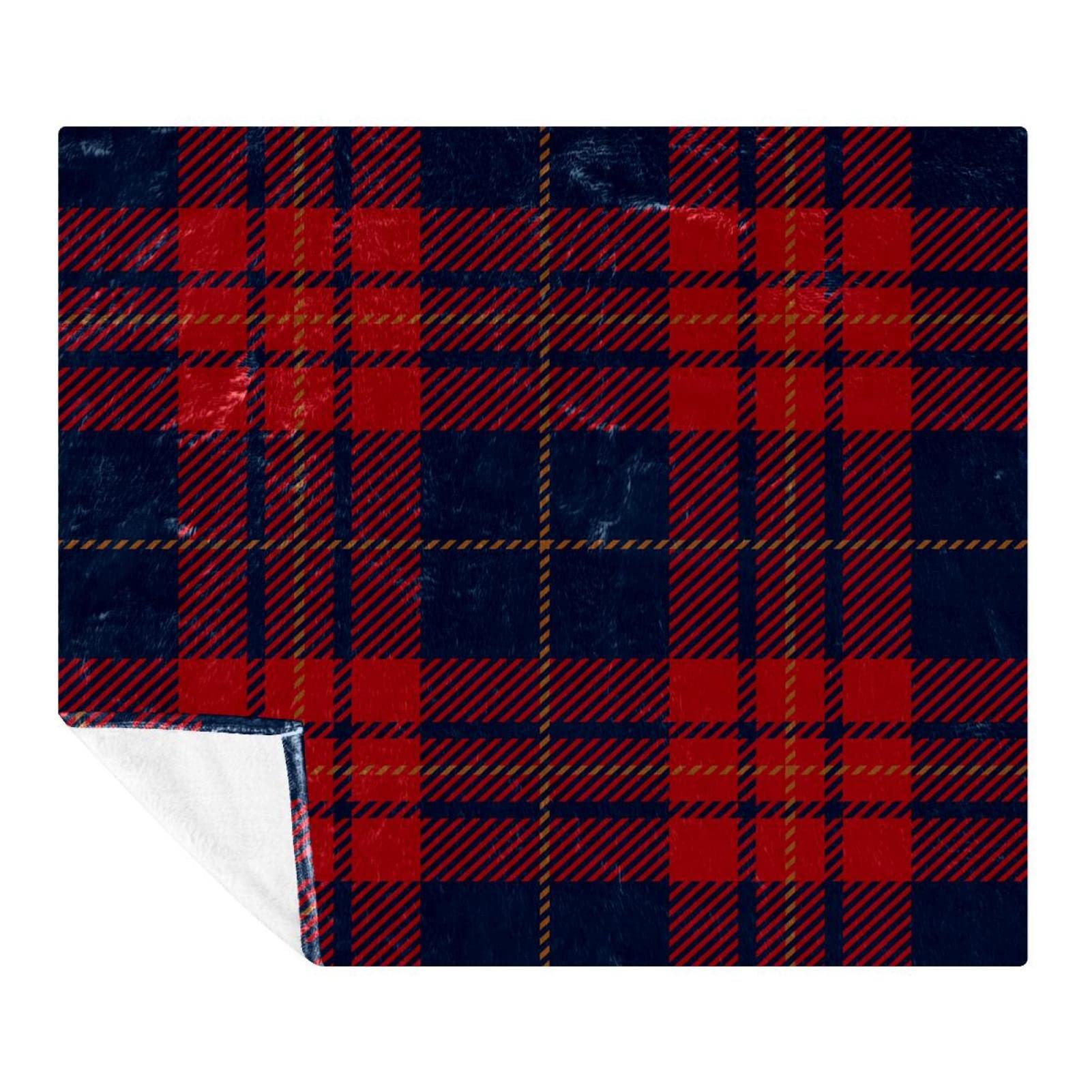 Manta de forro polar, súper suave, lujosa manta de ropa de cama azul oscuro, rojo y negro a cuadros