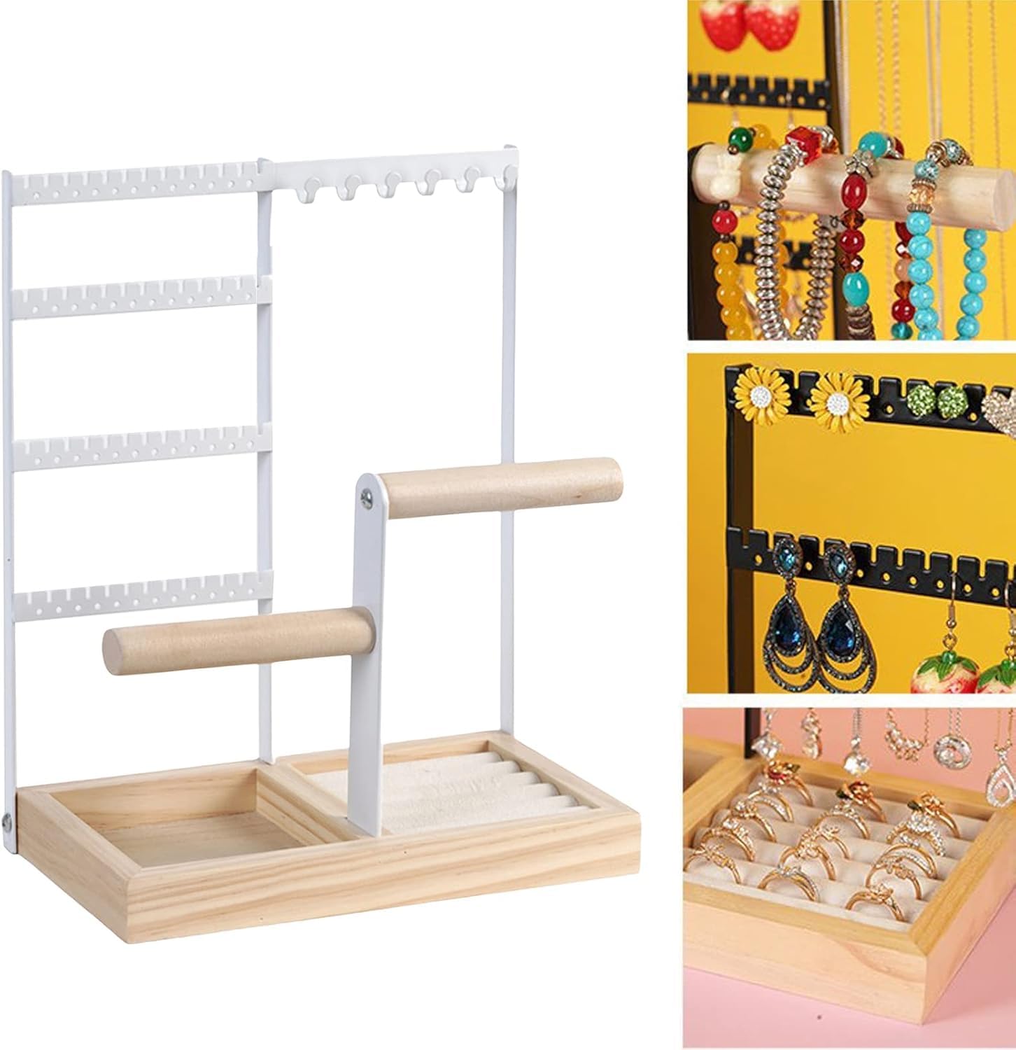 Organizador De Pendientes Y Joyero Blanco De Varios Niveles: Expositor De Madera para Pendientes, Collares, Pulseras, Anillos Y Relojes: Una Solución De Almacenamiento Elegante. White