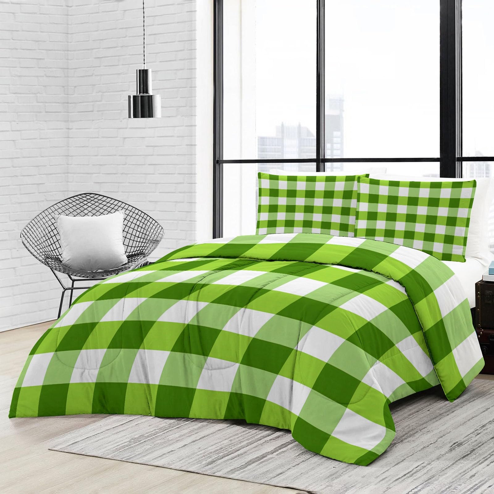 Geometryczna kołdra z zieloną siatką, zestaw 200 x 200 cm, super miękka biało-zielona kołdra puchowa 3-częściowa kołdra puchowa na wszystkie pory roku, dla dzieci, chłopców, dziewcząt