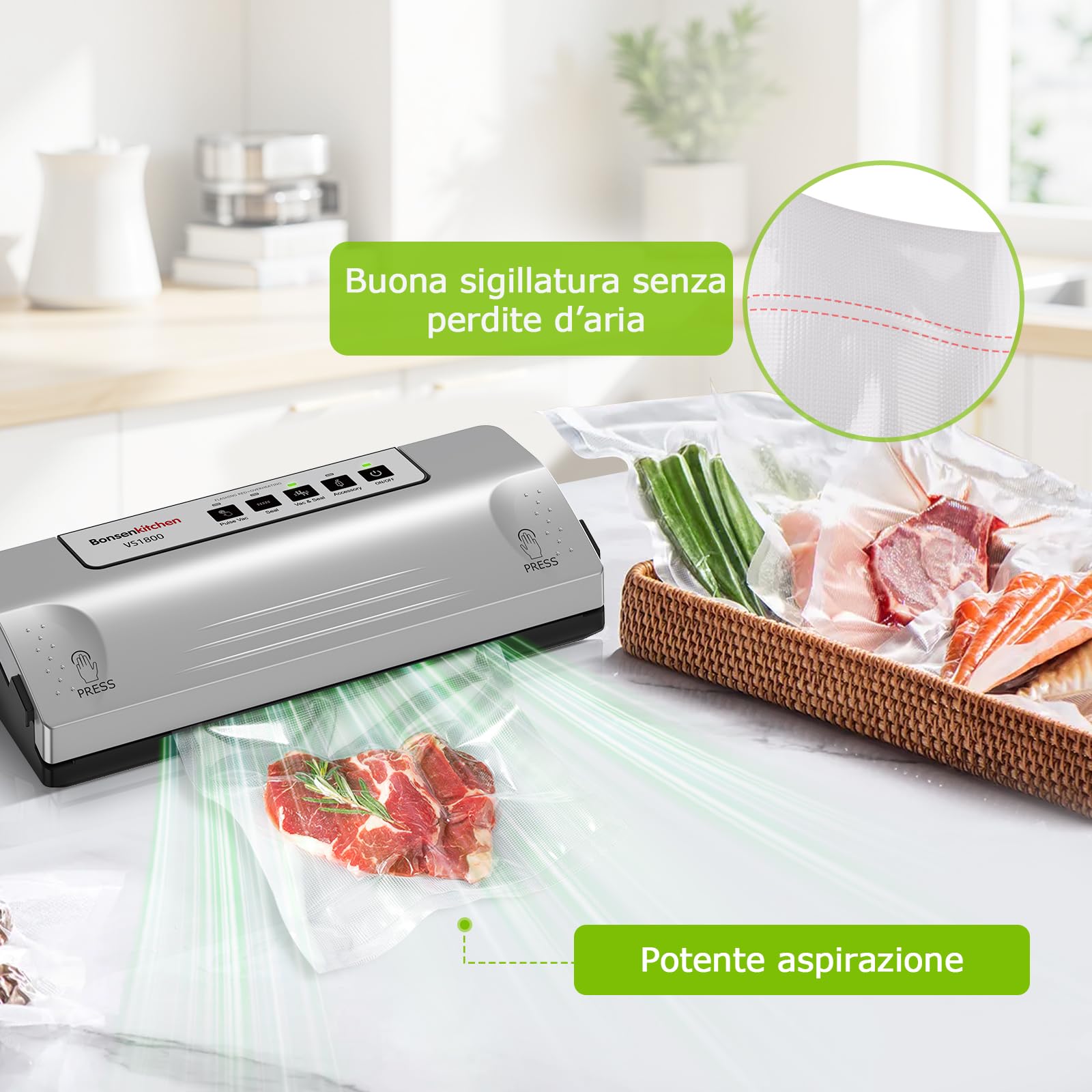 Bonsenkitchen Macchina Sottovuoto, Saldatura Robusta 30 cm, Funzione Pulse per Cibi Umidi, Kit Aspirazione Esterna, Uso Continuo con Protezione Termica, con 5 Sacchetti, VS1800