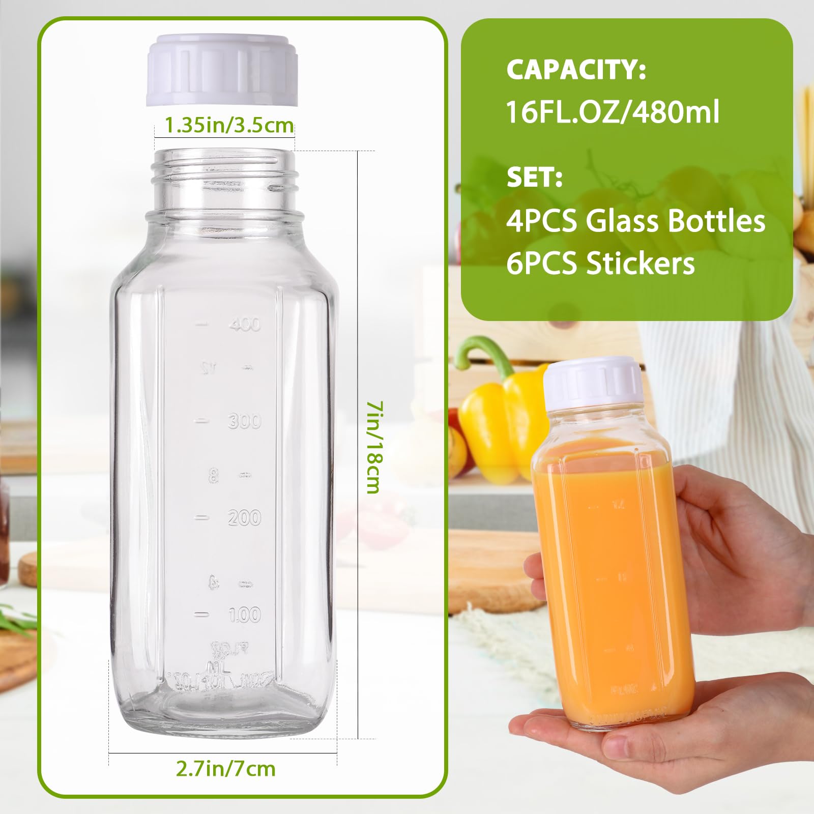 Alotpower 16 oz Glass Juice Bottles with Lids 4 Pack,Empty Square Reusable Glass Bottles for Juicing,Milk,Kombucha,Milkshakes(16fl.oz,set of 4)