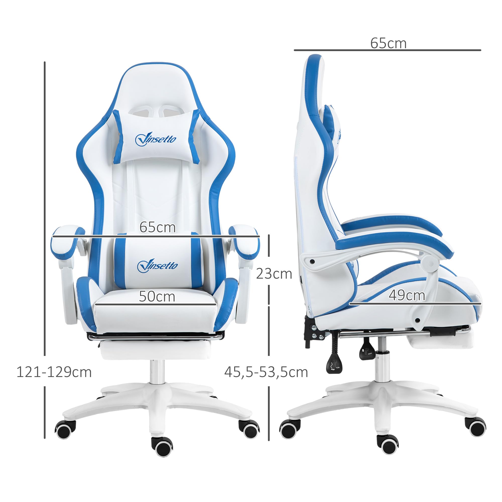 Vinsetto Gaming chair Sedia da gioco ergonomica con poggiapiedi telescopico, schienale reclinabile a 135°, poggiatesta e supporto lombare regolabili, sedia da ufficio girevole a 360° in similpelle,