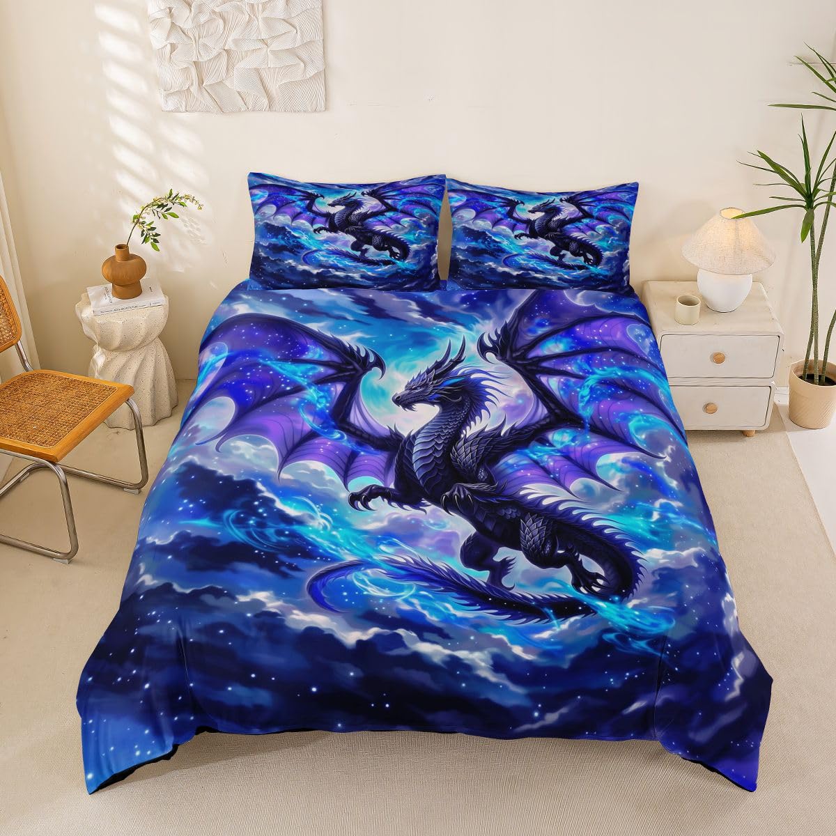 Homewish Set di biancheria da letto con copripiumino per letto super king size, motivo: drago blu, viola, cielo stellato, per bambini e ragazzi, con stampa 3D a tema mostro