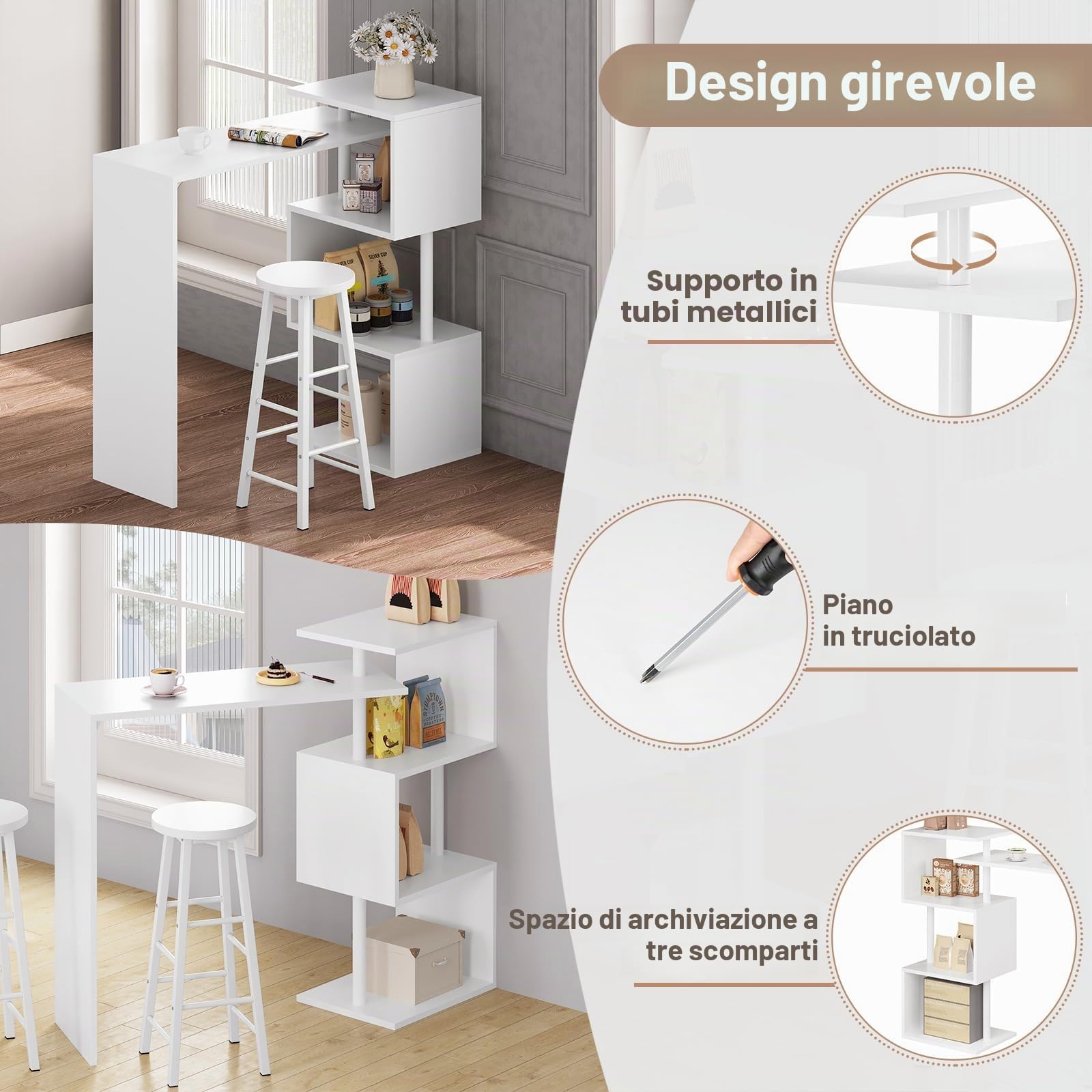 WOLTU Tavolo con 2 Sgabelli Alti Set, Mobili da Bar Bancone con ripiano portaoggetti, Tavolo Alto con Sedia in Acciaio Legno per Cucina, Bianco